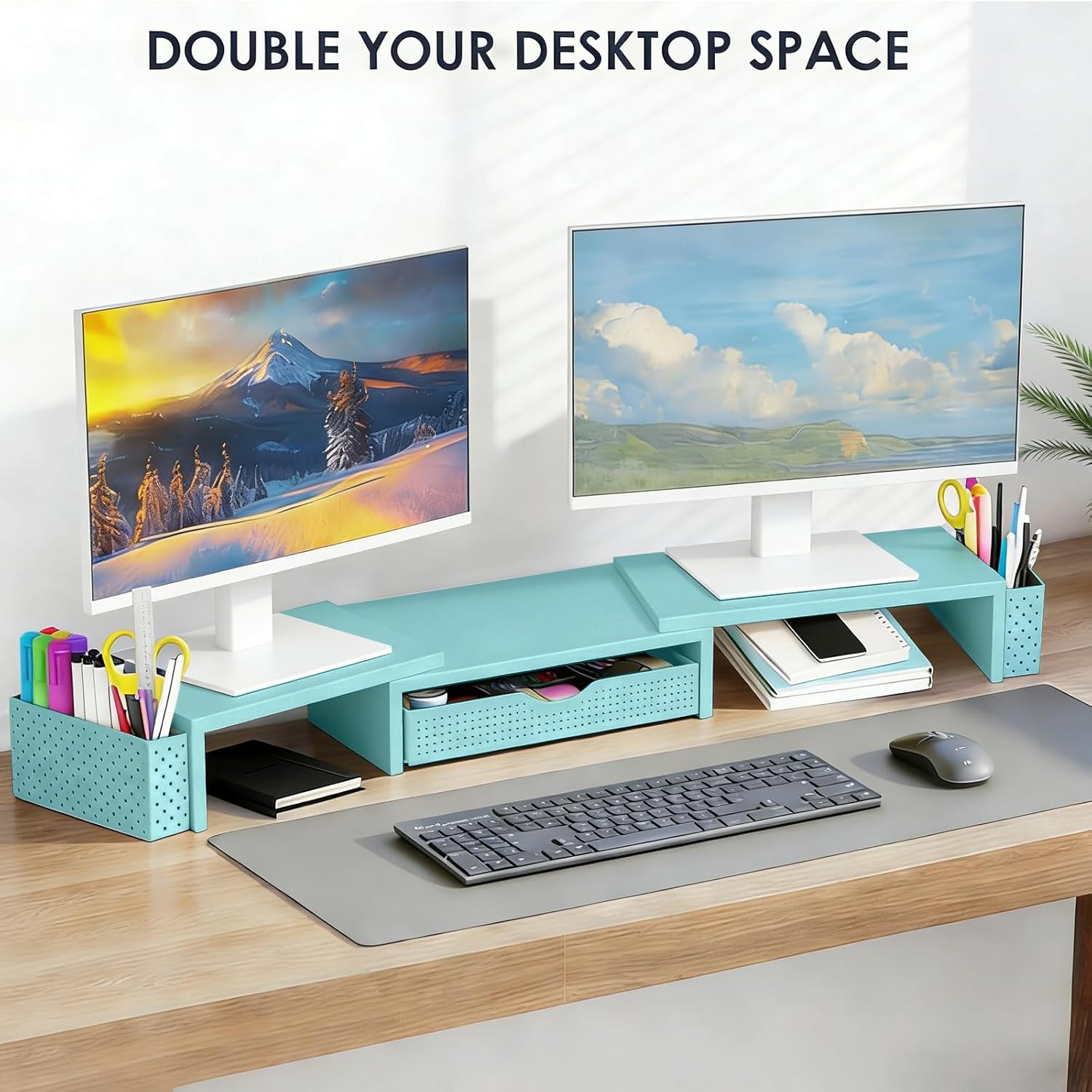 Spacrea Metal Desk Organizers and Accessories, Dual Monitor Stand Riser with Drawer and 2 Pen Holders, Desk Accessories & Workspace Desktop Organizers for Office Supplies (Blue)