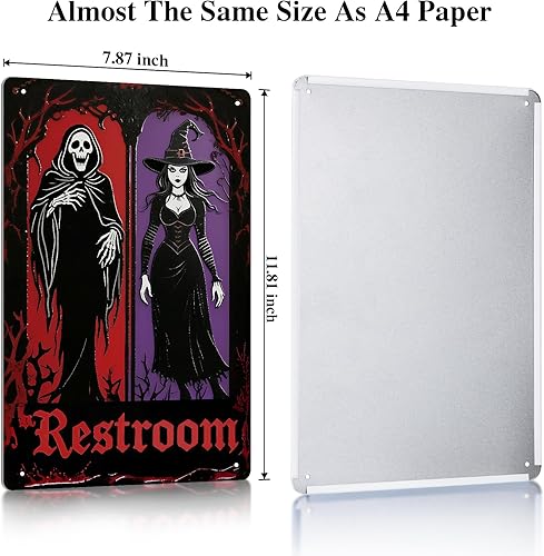 Miniatura 3 de Letrero de decoración de baño de Halloween, letrero de metal de la muerte y la bruja, decoración gótica de baño y arte de pared, decoración de