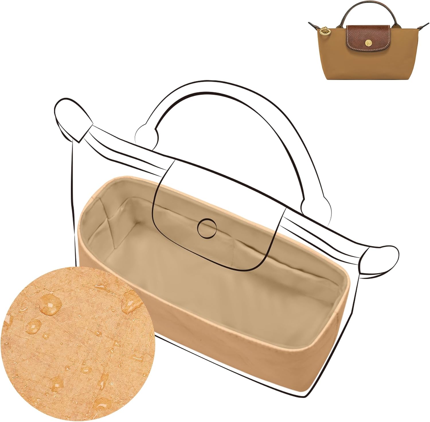 DGAZ Lightweight Pocket Organiser for Longchamp Le Pliage, Silk & Dupont Paper, Inner Pocket Insert for Shape Stabilisation and Order (Chai, Mini Single Handle)