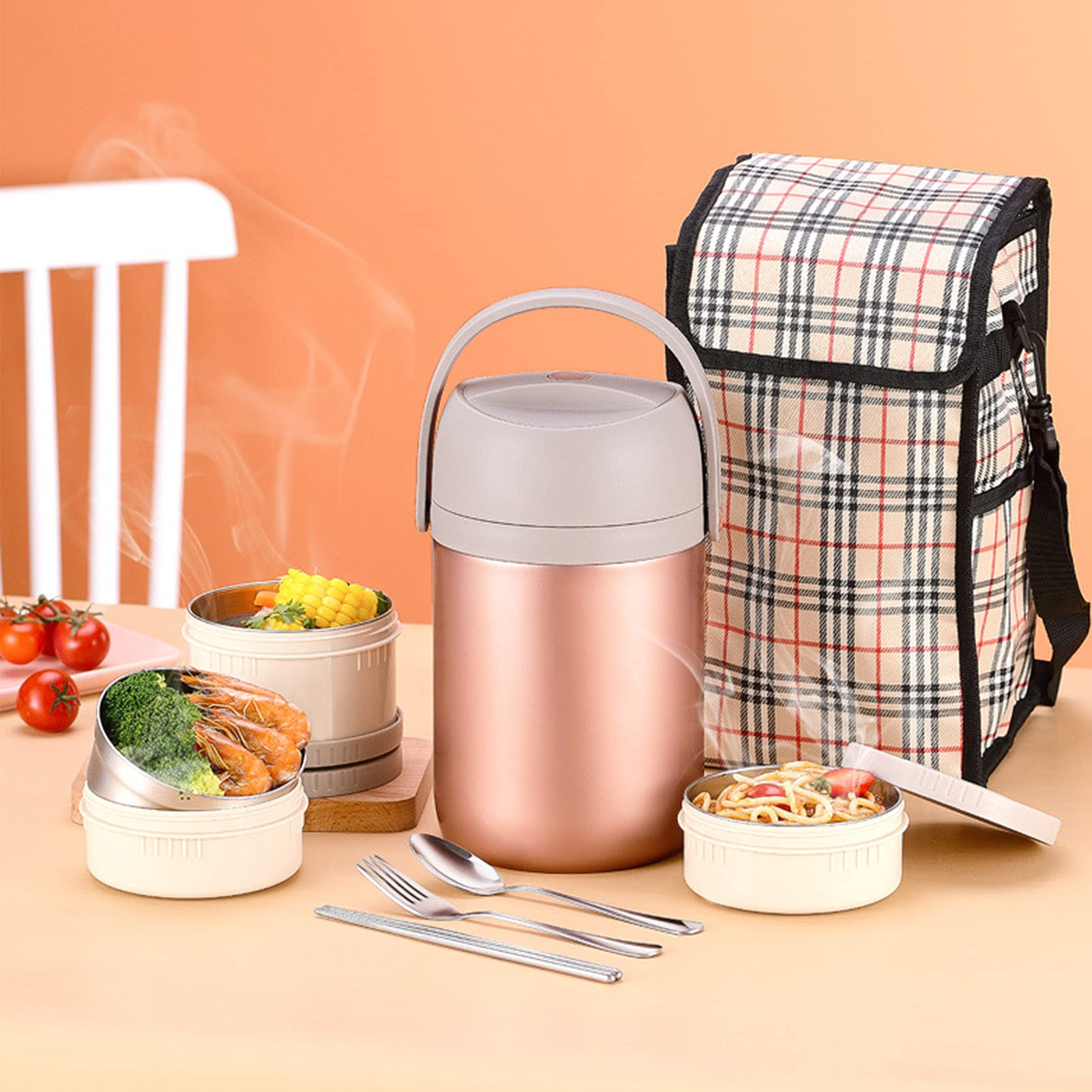 Thermo Bento Boxen,316L Edelstahl isolierter Thermos-Lebensmittelbehälter,Auslaufsicherer Thermobehälter Lunchbox,Stapelbare Snackbox mit Löffel Essstäbchen und Lunchtasche,Grün,1.6L
