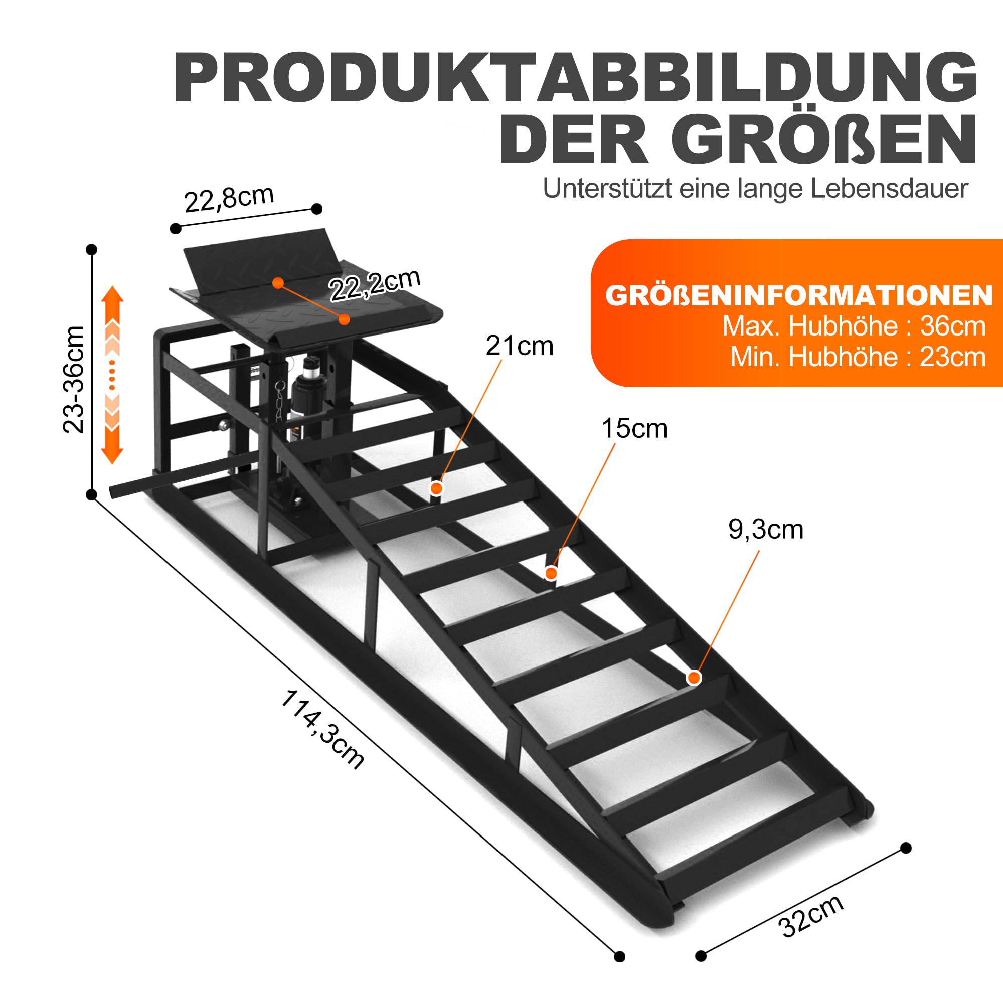 2er-Set Hydraulische Auffahrrampen mit Rollen, 5T Schwerlast-Rampen (11065 lbs) inkl. Hydraulikheber, Tragbare Autohebebühne für Ölwechsel & Heimwerker-Garage, Hubhöhe 23–36 cm (9"–14,2") (Schwarz)