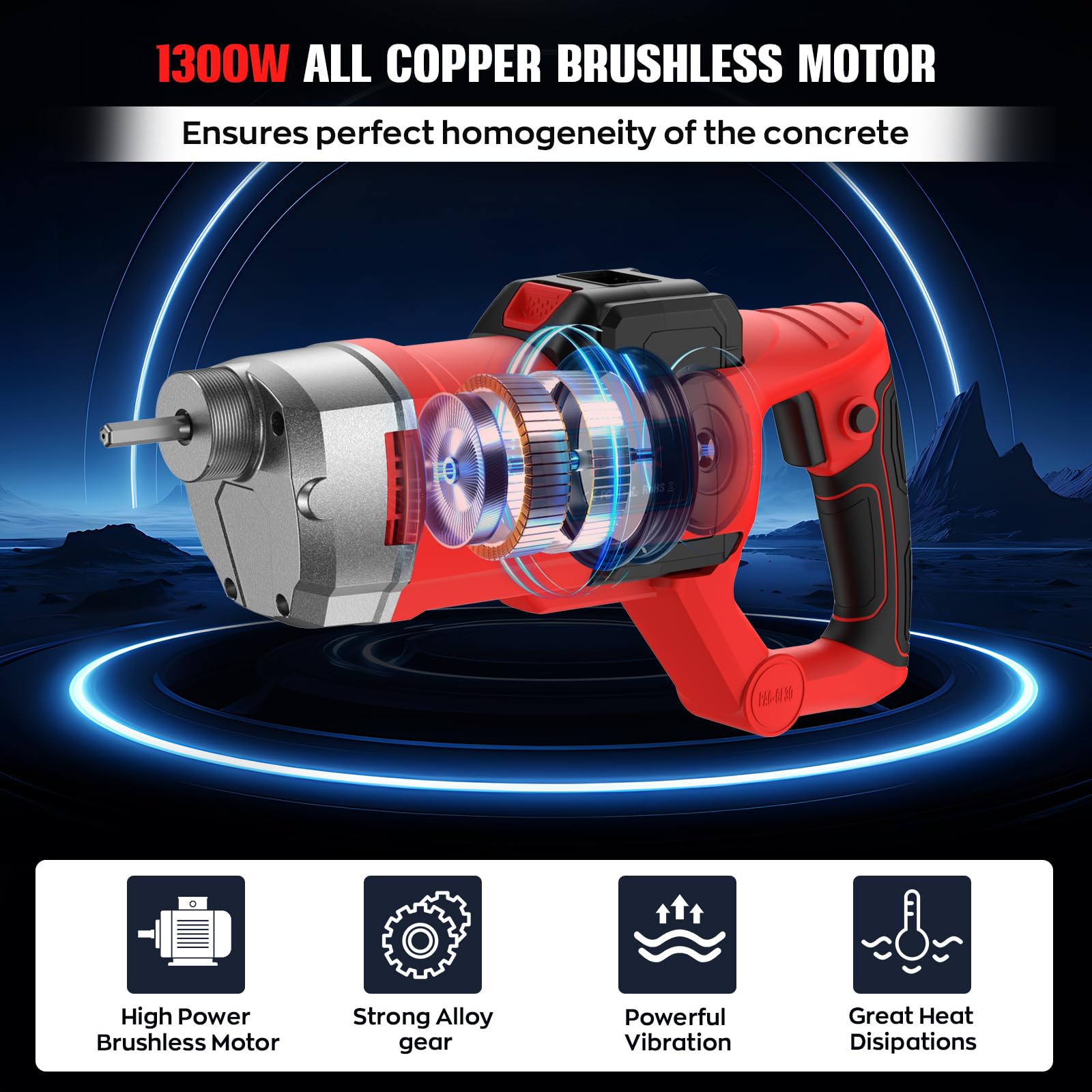IMAYCC 21V Vibratore per Calcestruzzo Senza Cavo, Senza Spazzole Vibratore da Costruzione Elettrico 3980giri/min, Lunghezza asta Vibrante 1.5M, per Strade Tunnel Ponti (Senza Batterie）