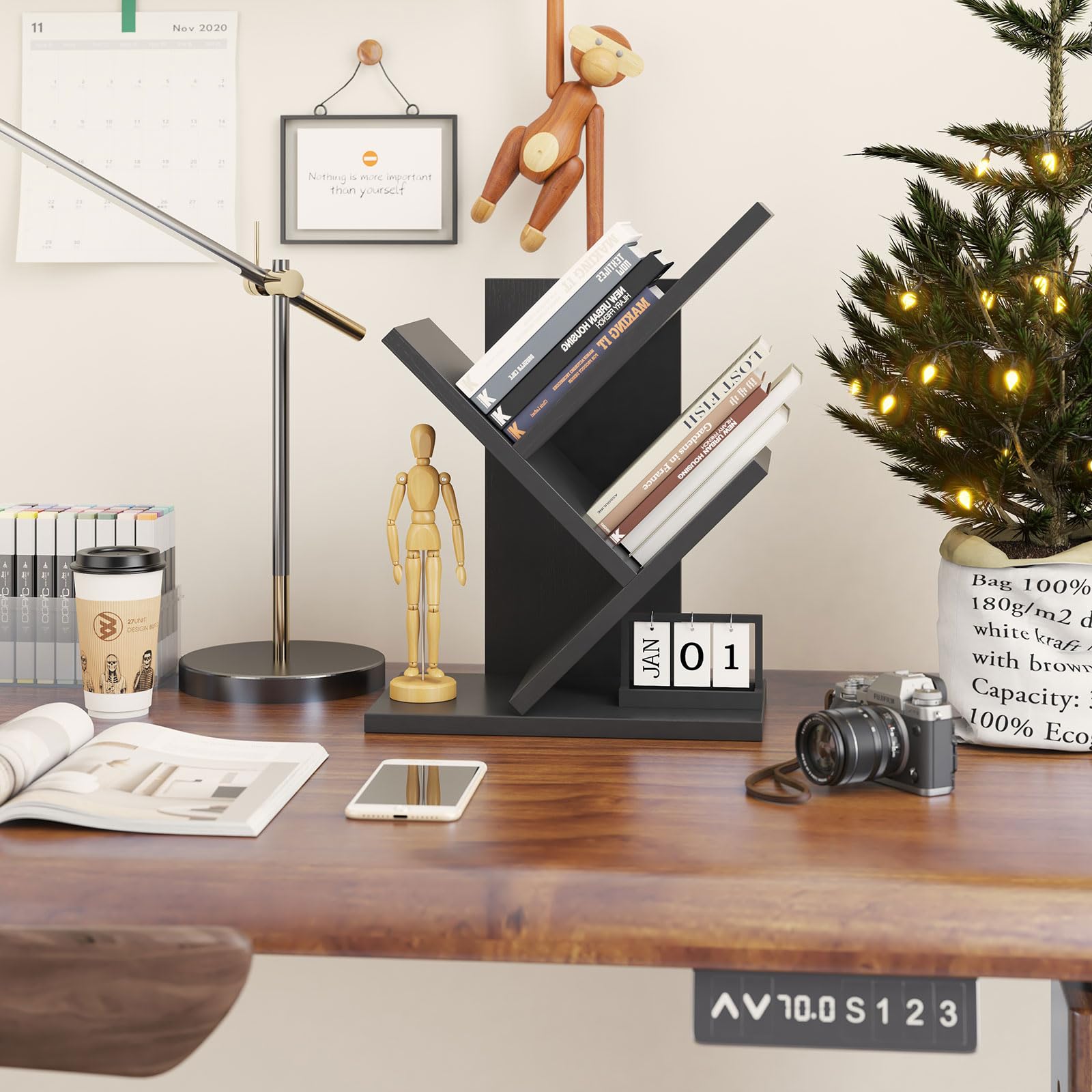 YMYNY 2 Tier Tree Bookshelf, Small Bookcase, Modern Wood Book Storage Rack Organizer - Image 3