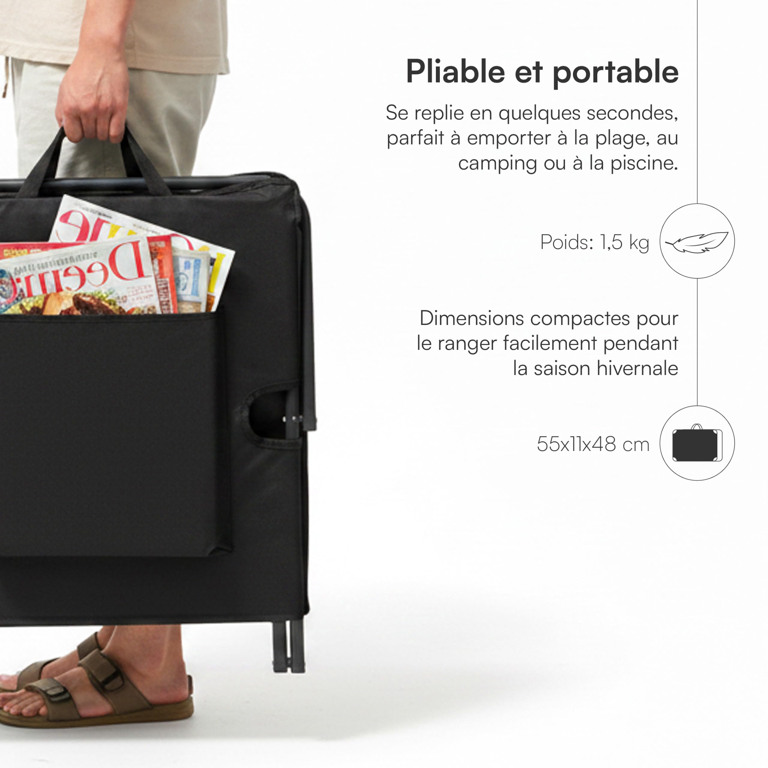 Baroni Home Set de 2 Chaises Longues Pliables de Plage avec Coussin Rembourré, Dossier Inclinable, Poche de Rangement, Transat Portable pour Mer, Piscine, Camping, 48x150x52 cm Noir