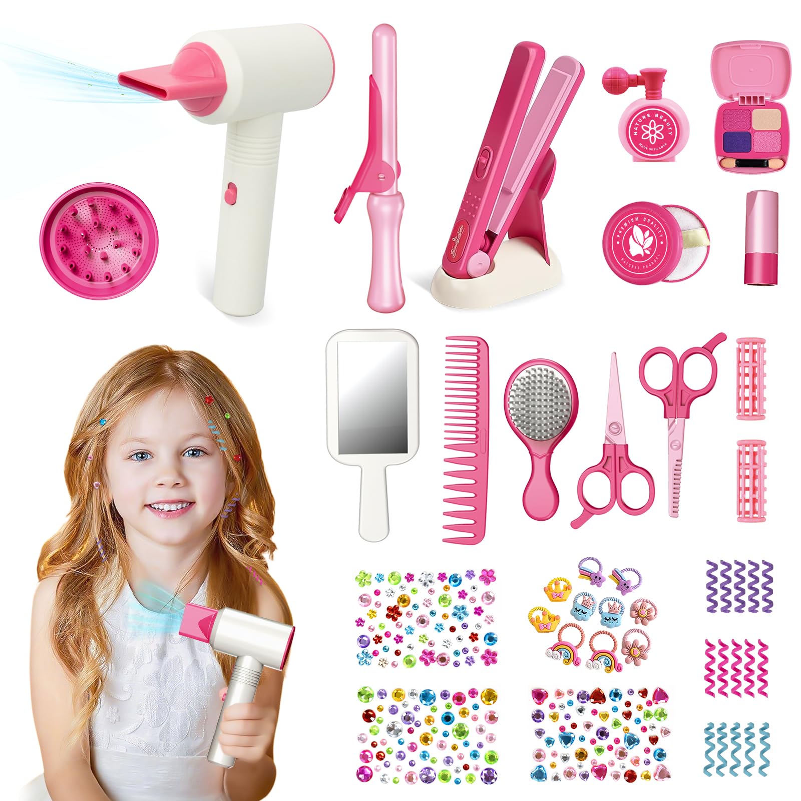 Focenat 15 Pezzi Set Parrucchiera Bambina Giochi, Salone di Bellezza Ragazze Gioco di Finta acconciatura con asciugacapelli e Altri Accessori, set da Gioco Parrucchieri per Bambini 3 4 5 6 7 8 Anni