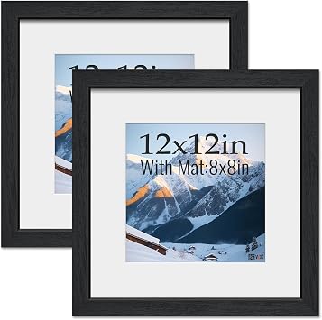 VCK 12x12 Picture Frame 2 Pack - Black, High-End Wood Poster Frames with Tempered Glass, Display 8x8 Photo with Mat or 12x12 without Mat, Art Gallery-Quality, Wall Hanging, Black