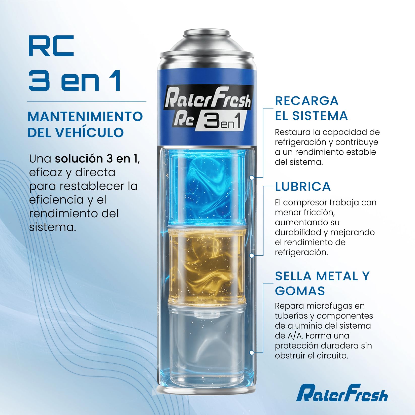 Ralerfresh RC 3 en 1 – Recarga de Aire acondicionado coche R134A hasta 2016 - Gas refrigerante, Sella fugas, lubricante (2 Botellas RC 3 en 1 de 500ml)