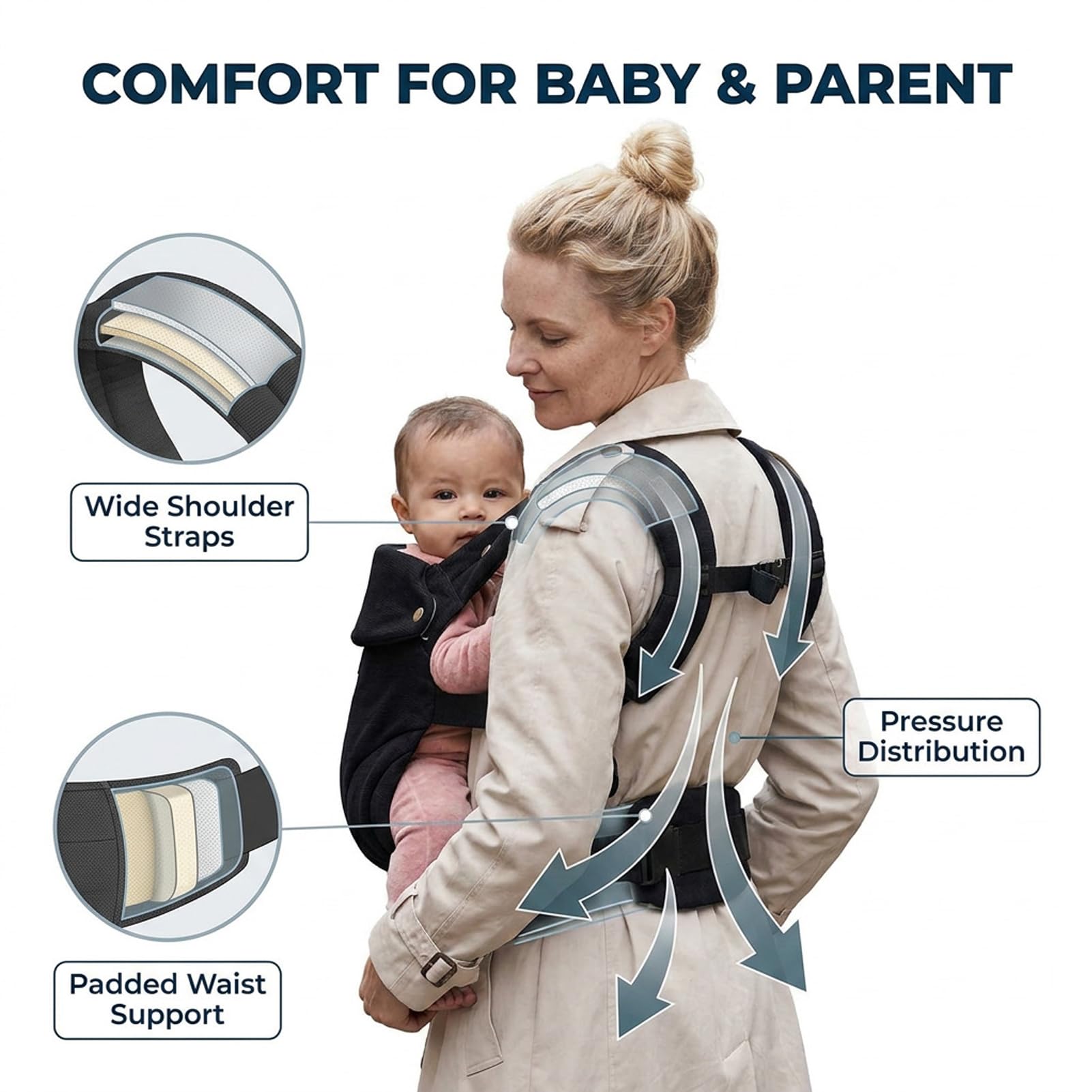 Bebamour Marsupio per bambini da 3,6 a 14,9 kg, ergonomico, confortevole, in cotone, anteriore e posteriore, beige