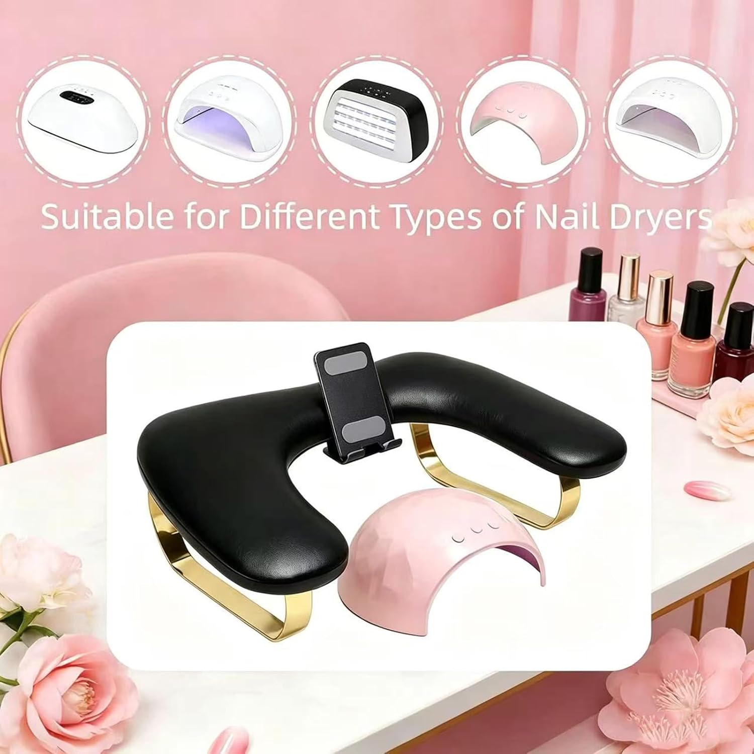 Nail Arm Rest with Phone Holder, 360° Rotating Phone Holder, 10° Inclined Arm Rest for Nails Tech, PU Leather Manicure Hand Rest, U-Shaped Nail Tech Arm Rest Stand, Hand Rest for Nails Tech, Black