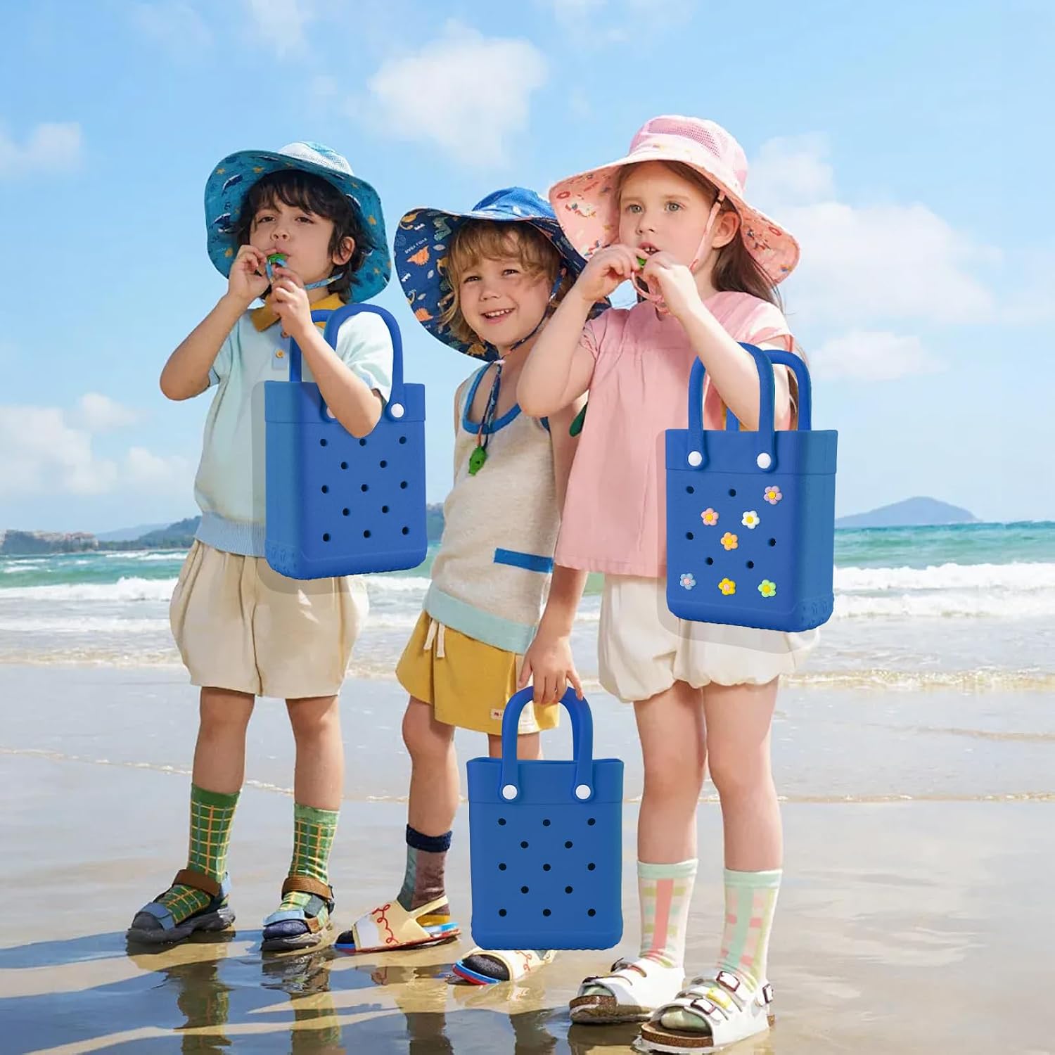 Mini Rubber Tote Bag for Little Girl & Woman, X-Small EVA Waterproof Beach Bag with 7 Customizable Charms, Gift for Girls(Deep Blue)