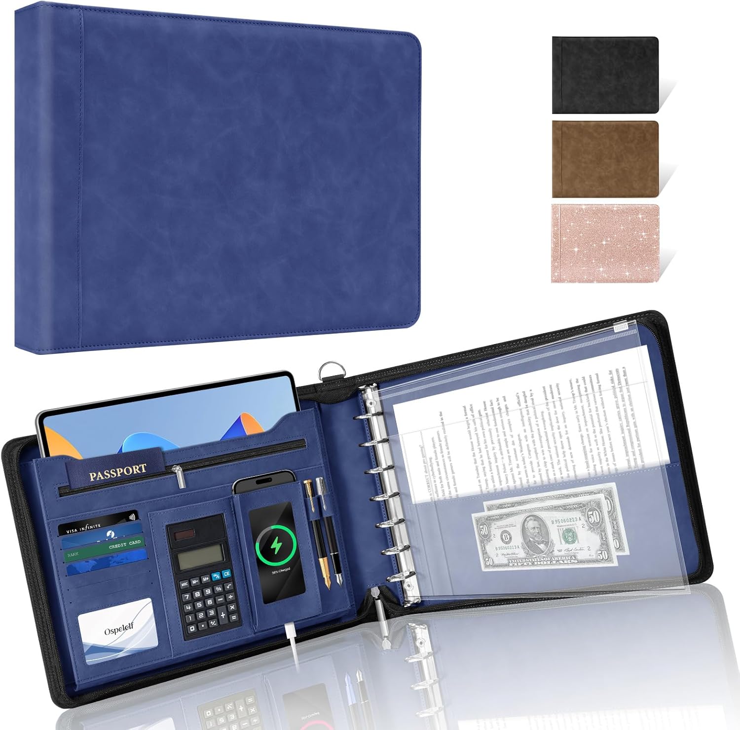 Ospelelf Blue Zippered 7 Ring Check Binder for Business Checks (9" x 13"), 1 Inch Faux Leather Checkbook Portfolio with Zipper Pouch, Professional Binder Organizer for Accountants, Home Use