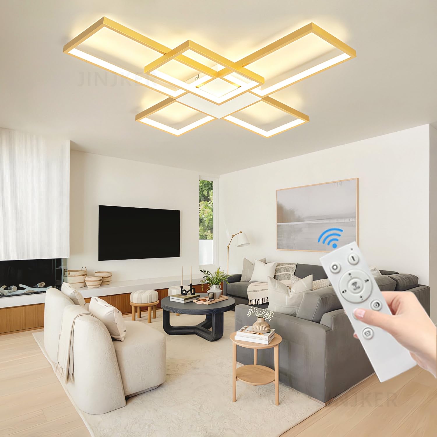 Zdalnie sterowana lampa sufitowa z funkcją ściemniania,Złoty 92W,regulowana temperatura3000K–6000K jasność Lampa sufitowa, domowych biur Nowoczesna,minimalistyczna wpuszczanego (Złoty, 5 głowic)