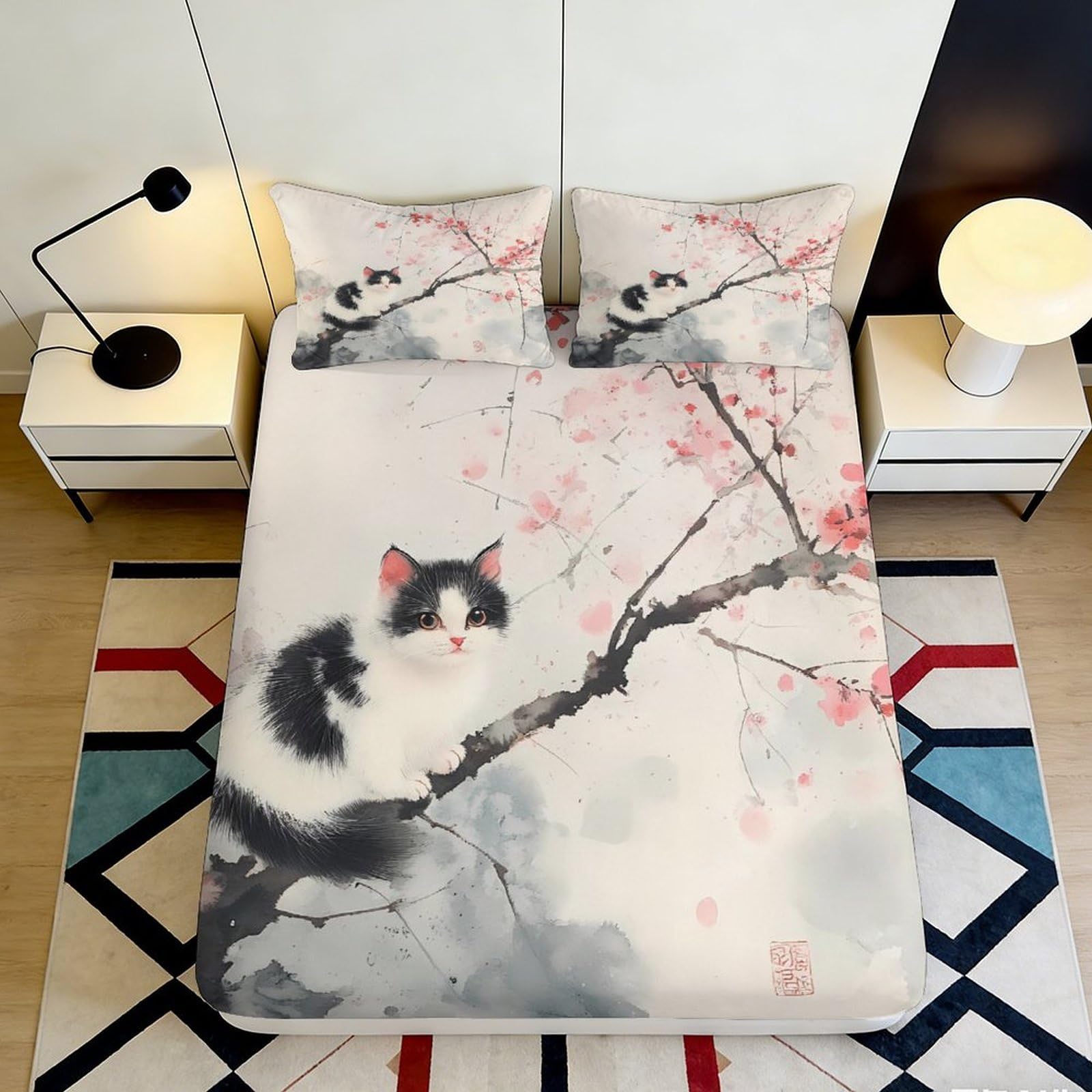 3D Printed Cat Sakura Fitted Sheet Microfiber Soft Anti-Slip Cherry Blossom Bed Cover for Bedroom Dorm Decor 140x200x25cm