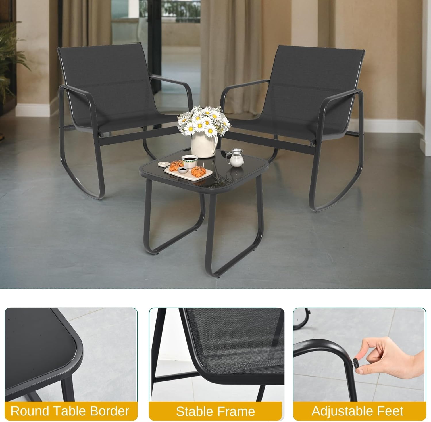 DWVO Black 3-Piece Patio Bistro Set, Outdoor Textilene Furniture with 2 Rocking Chairs and Coffee Table for Backyard Lawn Garden Balcony Poolside