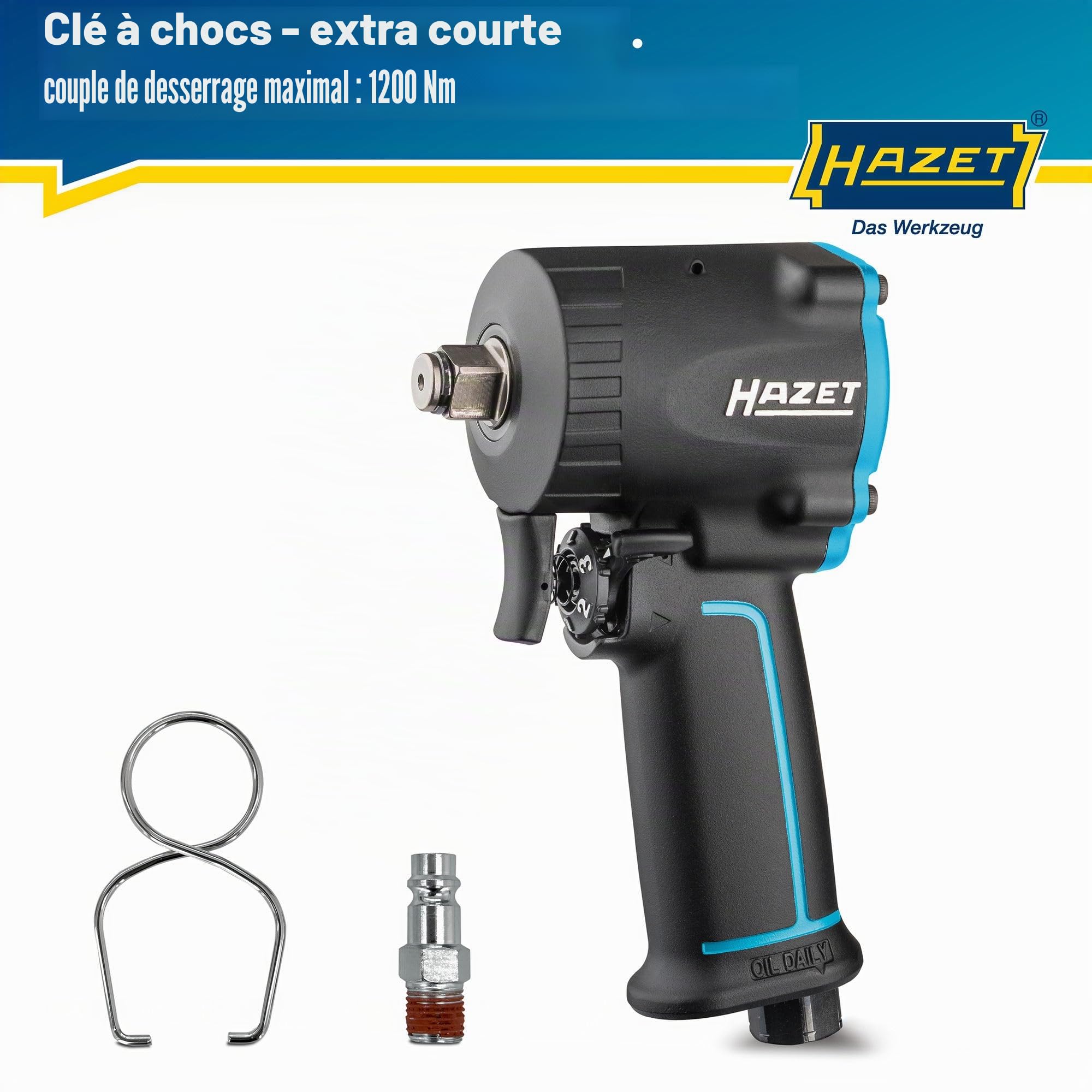 Hazet Visseuse à choc pneumatique 9012M-1 I extra courte - seulement 80 mm, couple max. Couple de desserrage : 1200 Nm, carré 1/2 pouce I pour les travaux dans les espaces restreints