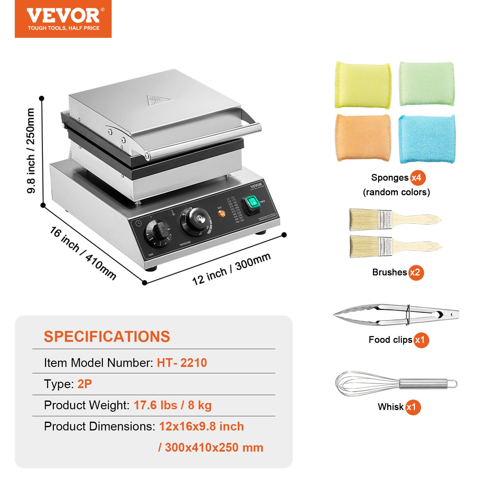 VEVOR Gaufrier Commercial 2000 W, Appareil à Gaufres Belges Rectangulaires Capacité 2PCs, en Acier Inoxydable, Antiadhésif, avec Contrôle de la Température et du Temps, Boulangerie, Snack-bar