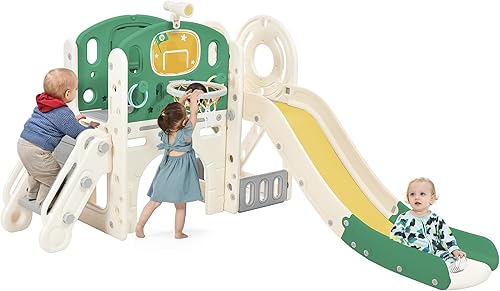 Miniatura 7 de Tobogán 7 en 1 para niños pequeños, tobogán para niños con escalador, aro de baloncesto, lanzamiento de anillo, túnel, telescopio y espacio de