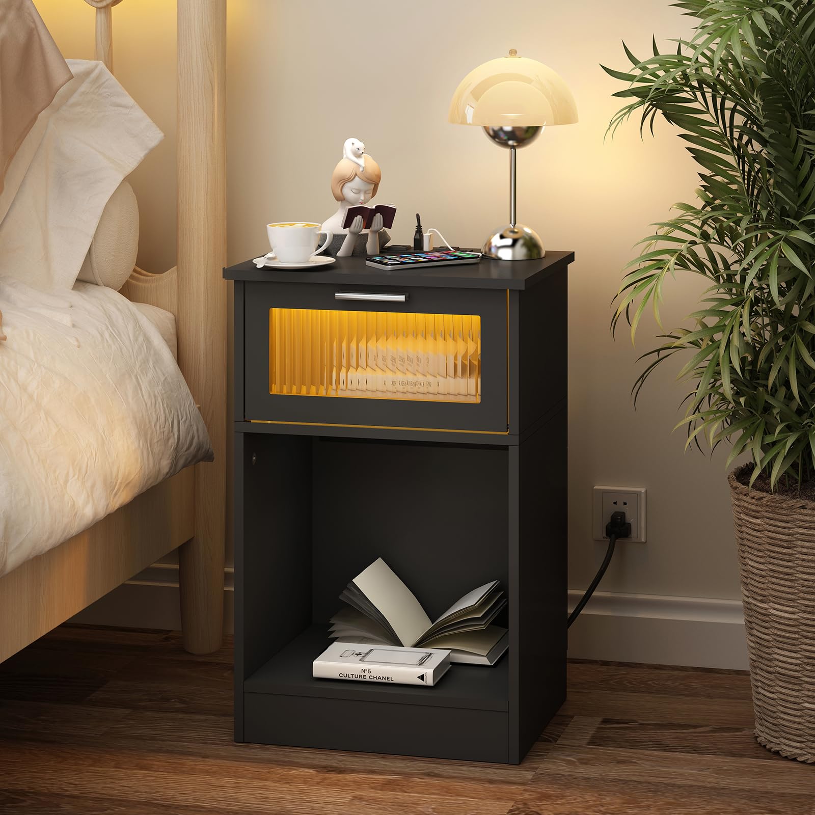 Nightstand with Charging Station and LED Light, Side End Table with Glass Door, Modern Bedside Table for Bedroom, Living Room