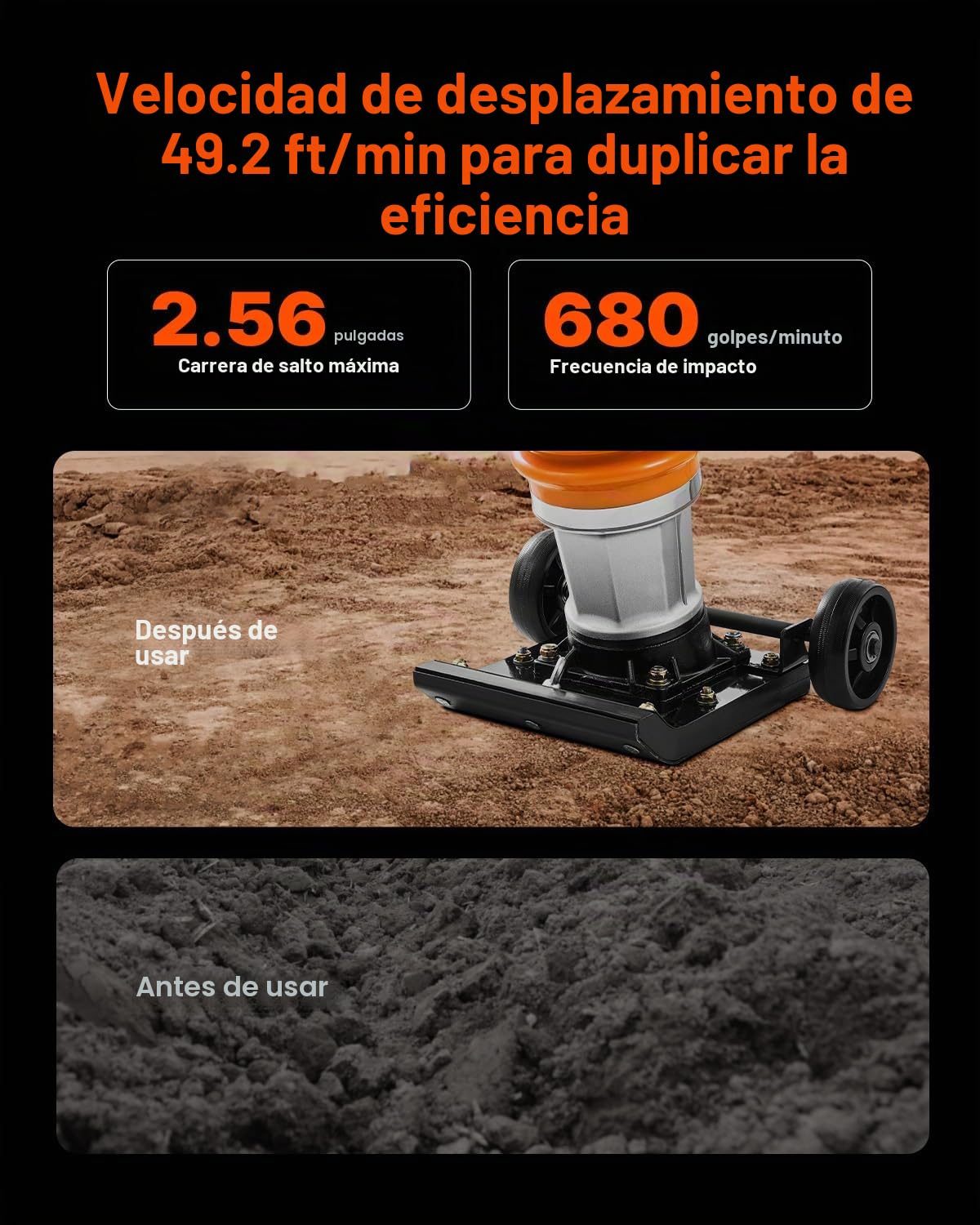 VEVOR Compactador de Gato de Salto Apisonador Vibratorio 6,5 HP con Motor de 196cc a Aombustible Fuerza de Impacto de 1632 kg para Suelo, Grava, Cimientos, Losas de Hormigón, 740 x 465 x 1080 mm