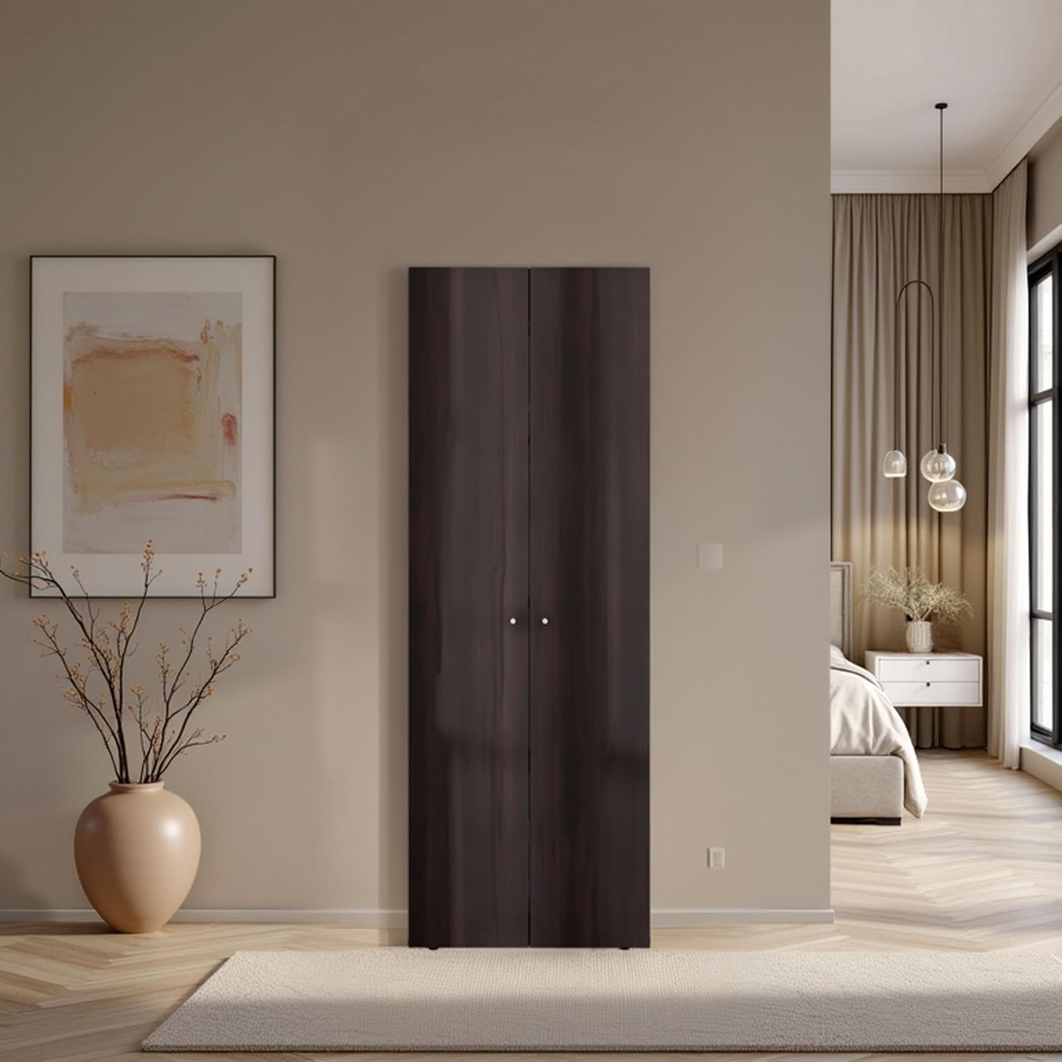 2 Door Compact Closet System with Four Fixed Shelves, Freestanding Wardrobe for Bedroom, Laundry, and Utility Room Organization in Walnut Stain