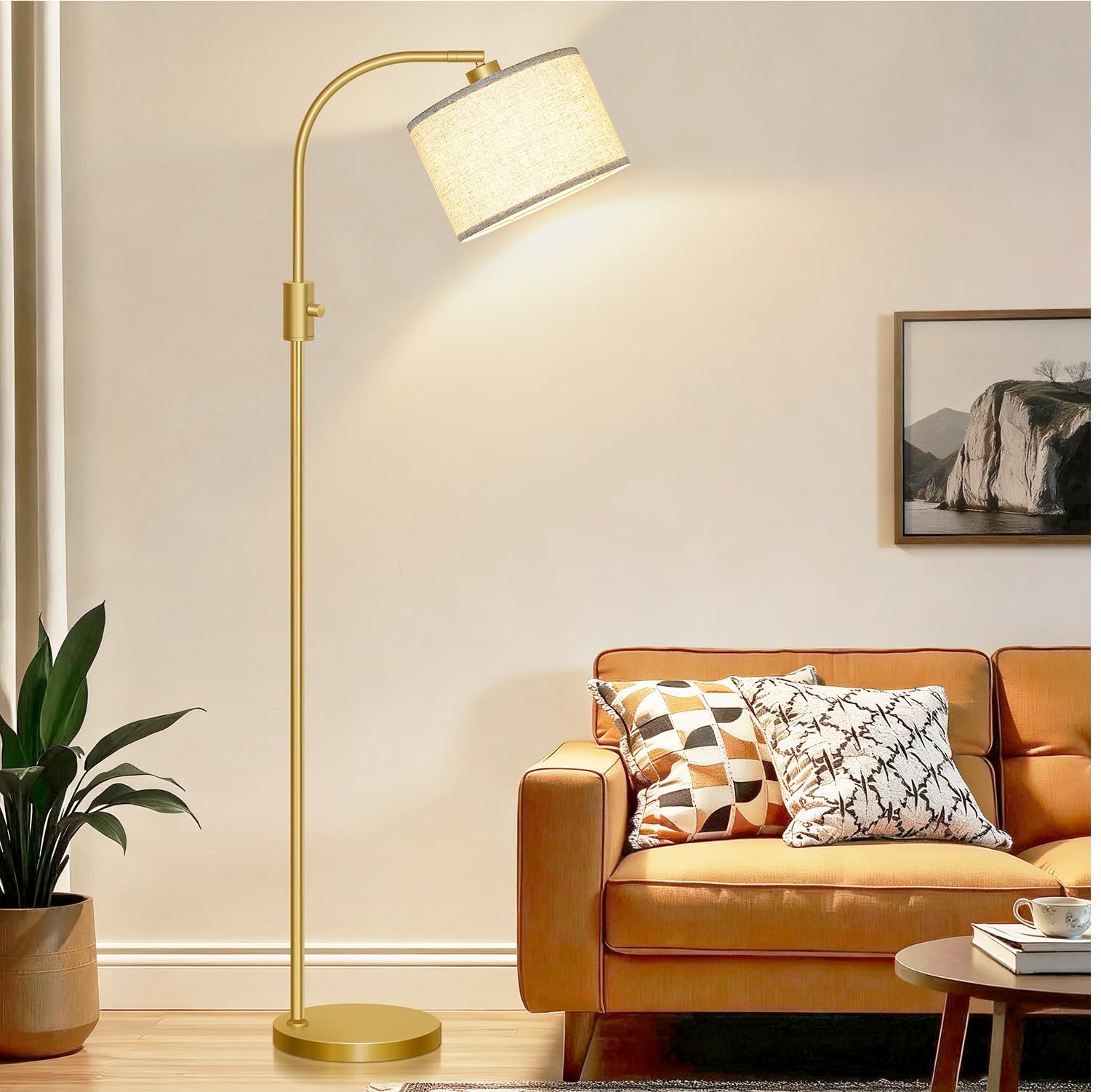 Nintiue Lampara de pie regulable, Bombilla LED de 1200 lúmenes incluida, 165cm lampara de pie salon, lámpara de pie de arco con Pantalla Ajustable para Dormitorio y Oficina