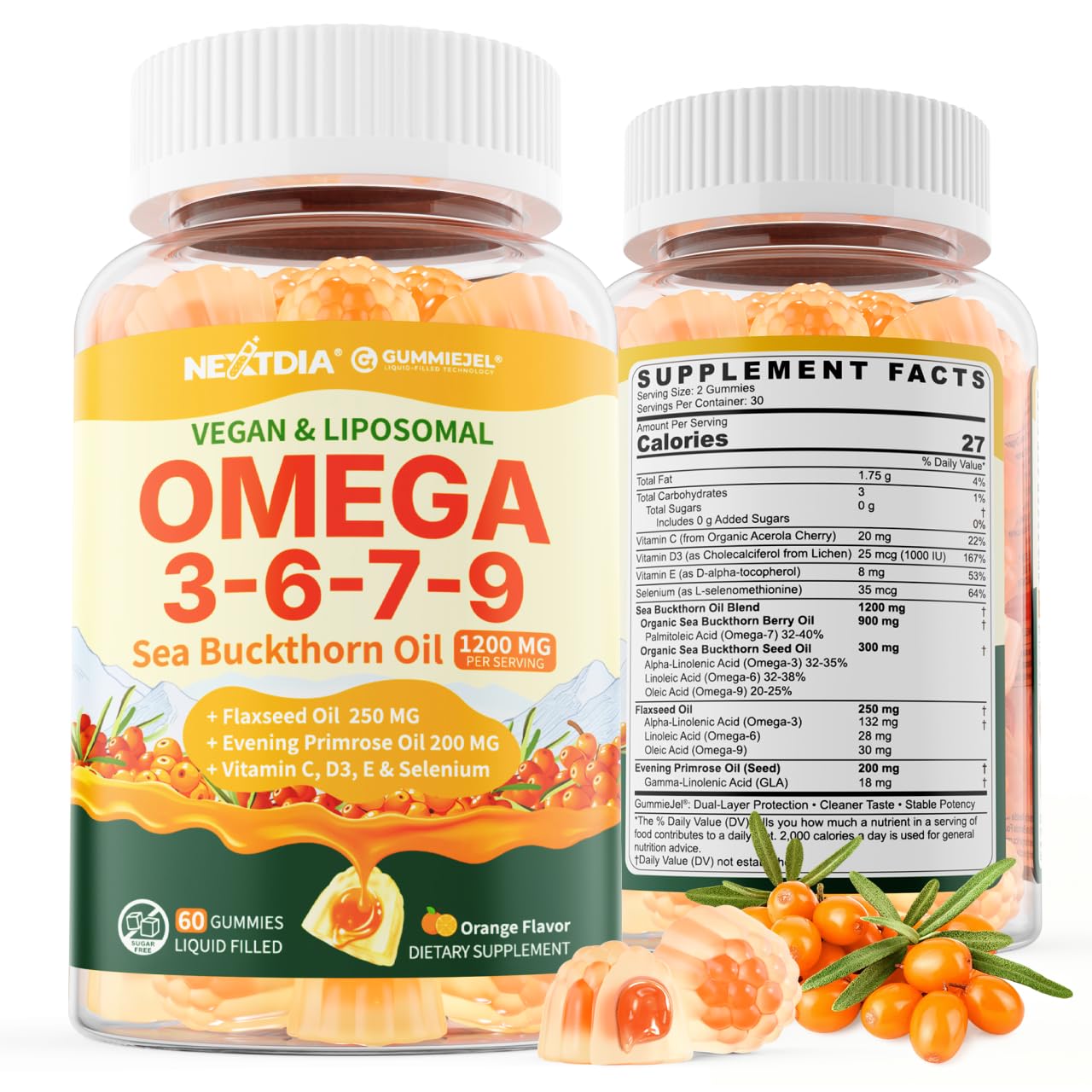 Omega 3 6 7 9 Gummies, Liposomal Sea Buckthorn Oil 1200MG, No Sugar, 60 Cts