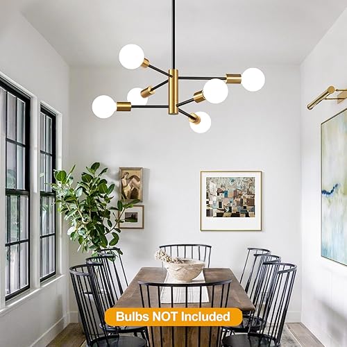 Miniatura 5 de Lámpara de araña de 30 pulgadas, lámpara de comedor de 6 luces, moderna Sputnik de color dorado cepillado y negro, lámpara de mediados de siglo