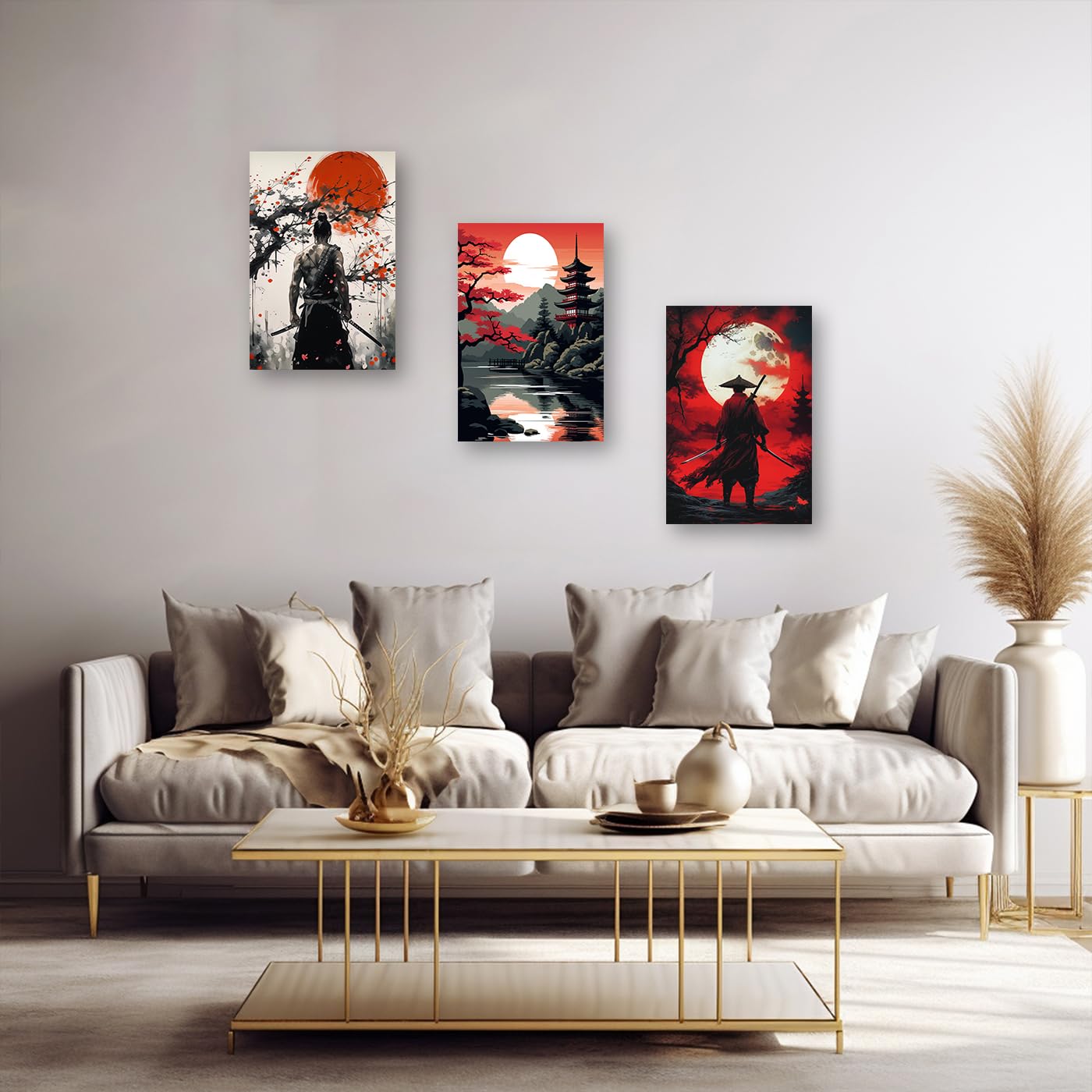 PBXBJY 3 stuks Samurai canvas muurkunst Japan Samurai en volle maan