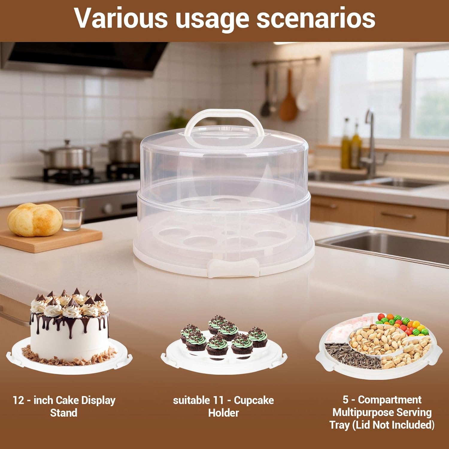 12 Inch Cake Carrier with Lid and Handle – Cake Container for Baking Events & Outdoor Trips | Adjustable Height,Portable Food Cake Carrier Storage Solution for Picnics & Camping (WHITE-SET)