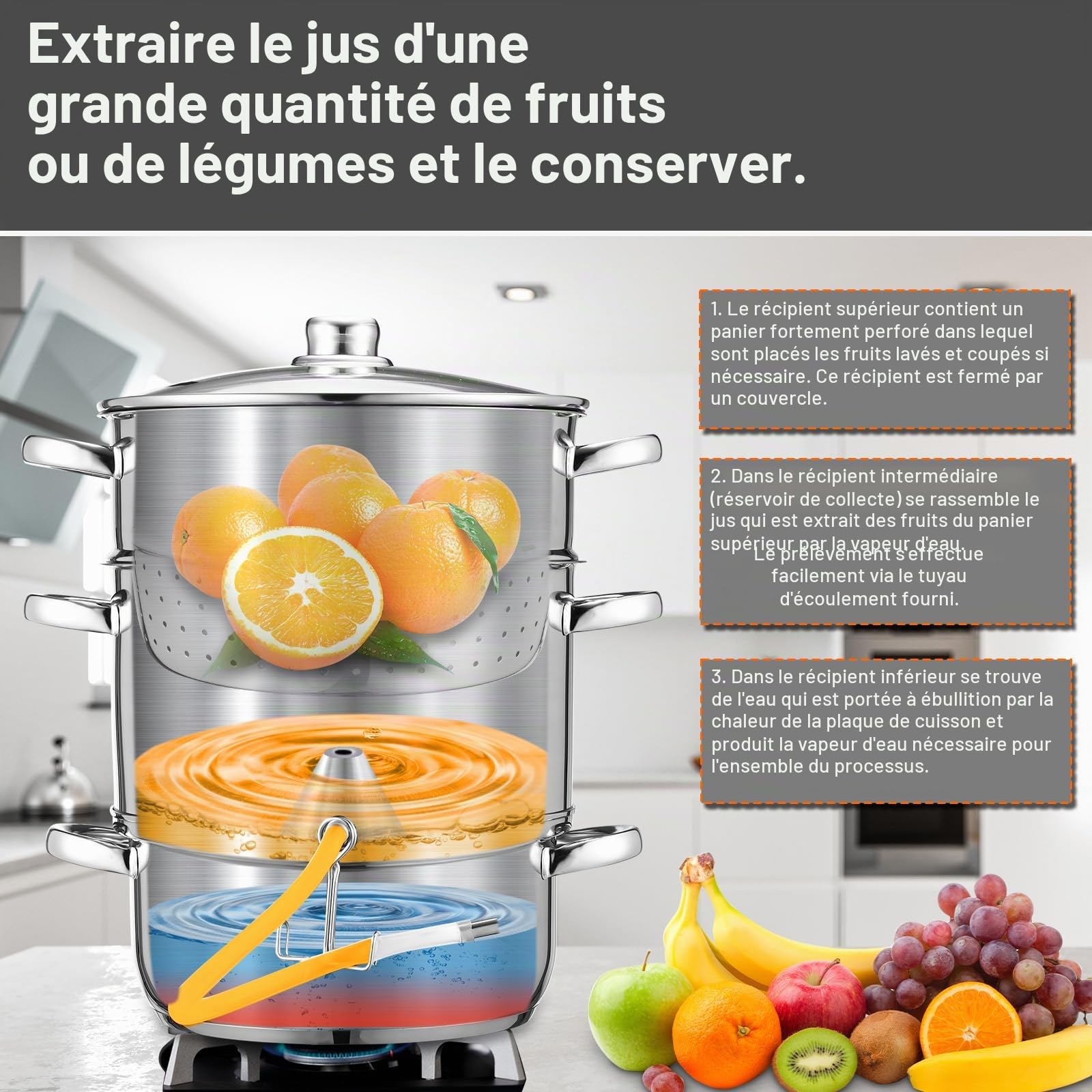 Extracteur de jus vapeur en acier inoxydable Ø26 / 16L avec 4 bouteille, compatible avec tous les appareils de cuisson, y compris l'induction