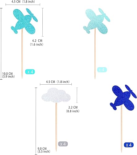 Miniatura 10 de Gexolenu 24 piezas de adornos azules para cupcakes de avión con purpurina de doble cara para decoración de baby shower, boda, aniversario,