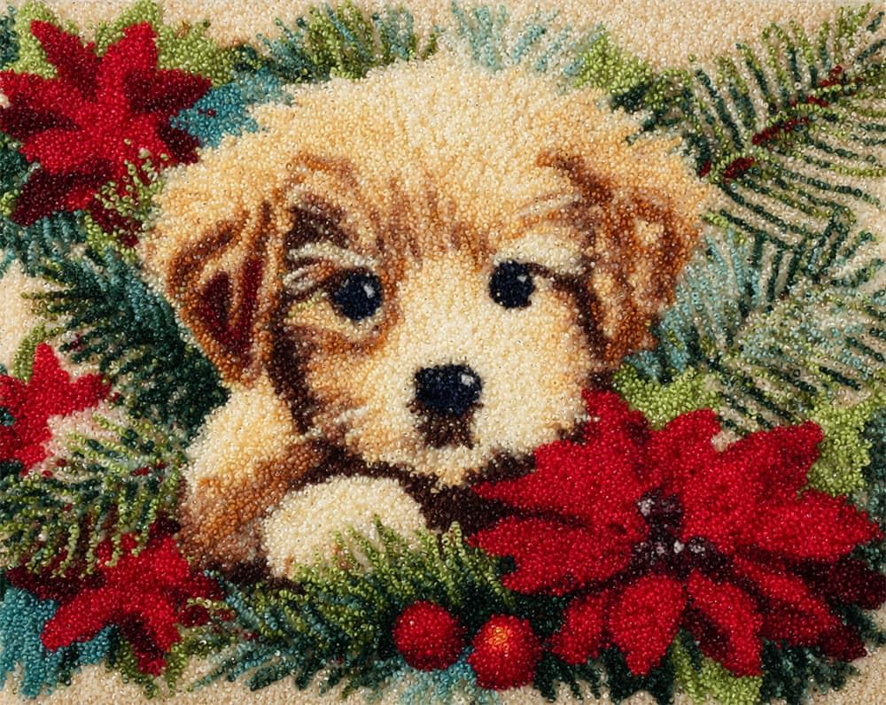 Kitquiver Latch Hook Kits for Adults Rug Christmas Puppy Glory Flowers Crafts Crochet Yarn with Pre-Printed DIY Handmade Embroidery Needlework for Home Decoration 15X20In