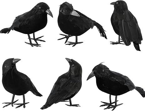 Abakuku 6 Pack Halloween Crow Decorations - Realistic Handmade Crow Black Feathered Crow, Halloween Crows and Ravens Decor, Scary Black Ravens Birds for Outdoors and Indoors Halloween Decor