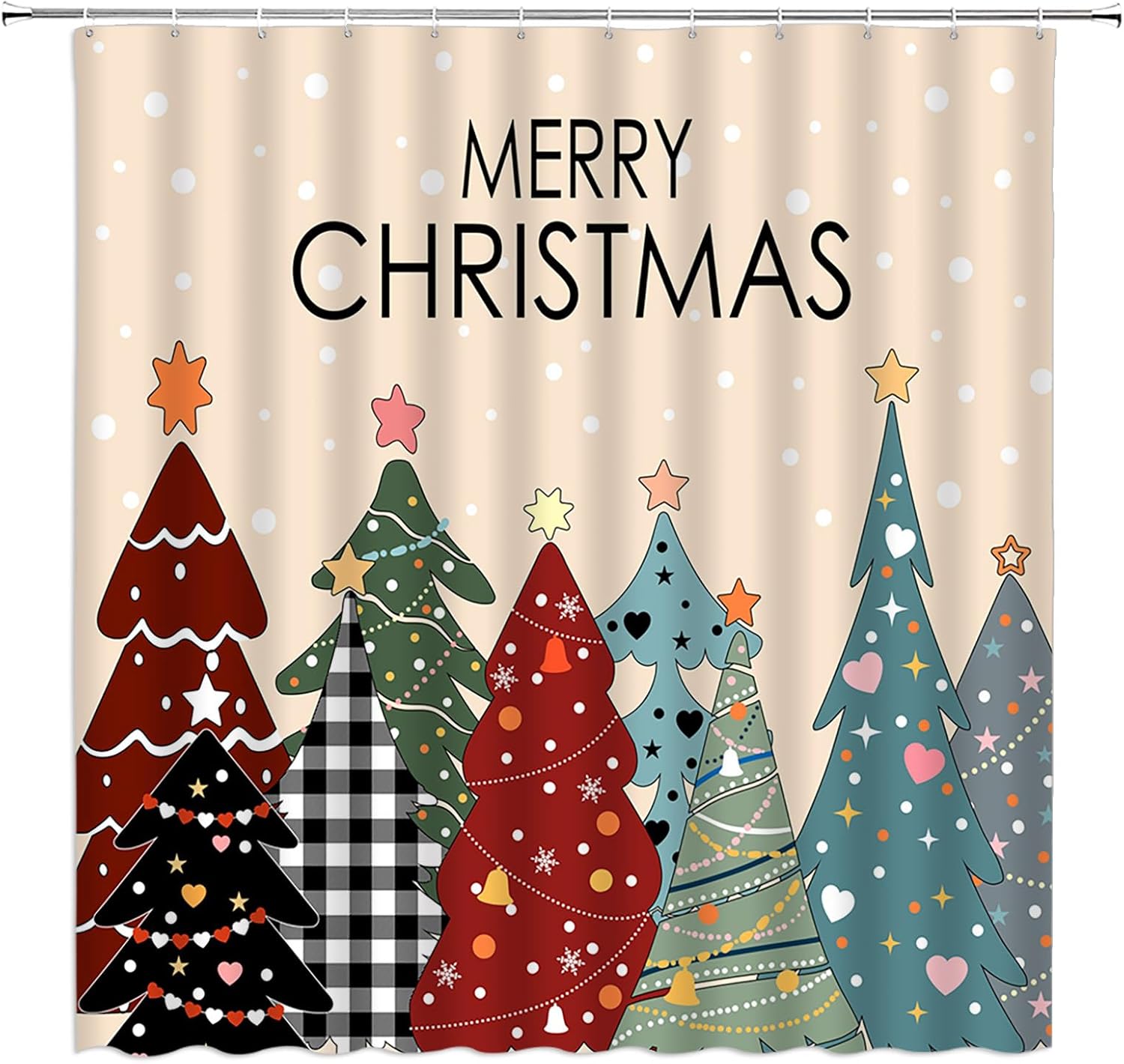 Christmas Tree Shower Curtain Boho Xmas Tree Winter Snowflake Cartoon Cute Heart Holiday Happy New Year Farmhouse Bathroom Curtain Fabric with Hooks(84" Wx70 H)