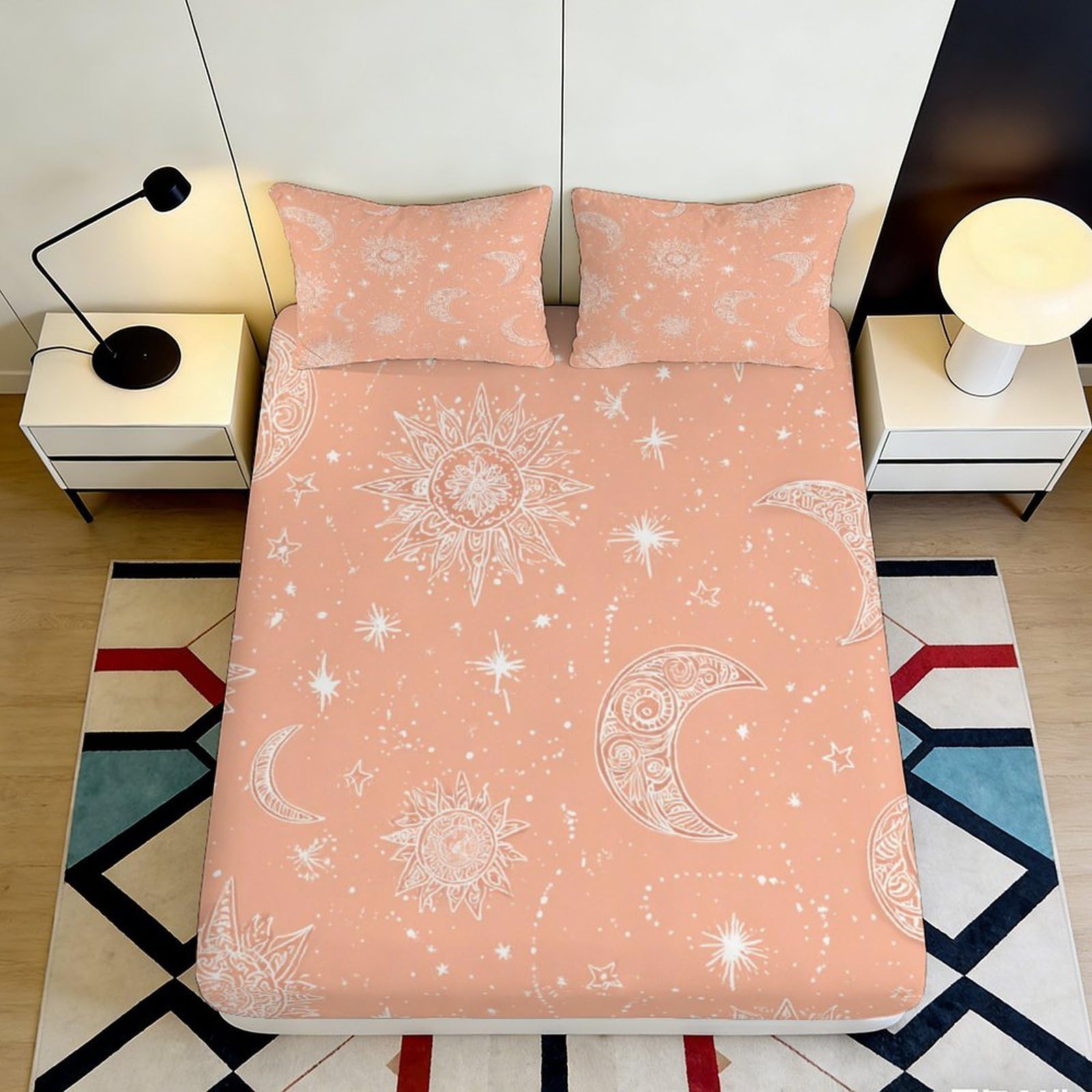 3D Printed Celestial Moon and Sun Fitted Sheet Microfiber Soft Breathable Starry Sky Bed Cover for Bedroom Dormitory Guest Room Mattress Protection 200x200x25cm