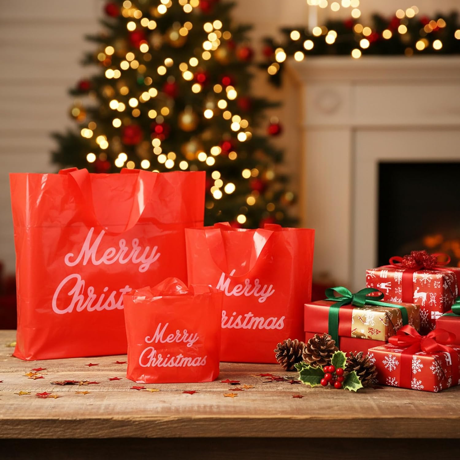 Teling 120 Pcs Christmas Gift Bags with Handle Bulk 3 Size Multifunctional Plastic Merchandise Bags Retail Shopping Package Tote, 6 x 8'', 9 x 12'', 12 x 15'' for Xmas Party Supplies, Business image 4