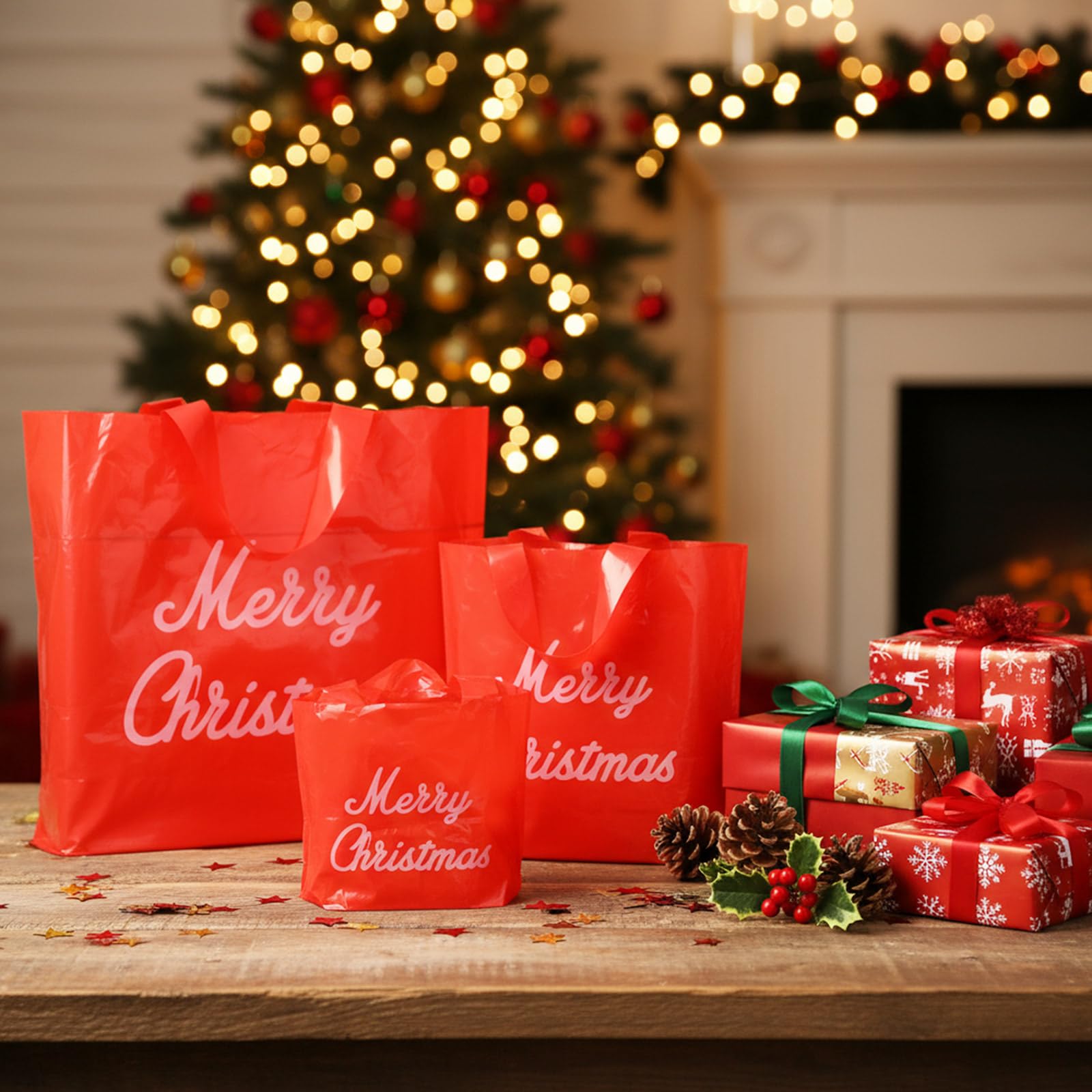 Teling Lot de 120 sacs cadeaux de Noël avec poignée - 3 tailles - Multifonctionnels - En plastique - 15,2 x 20,3 cm - 22,9 x 30,5 cm - 30,5 x 38,1 cm - Pour fournitures de fête de Noël, affaires