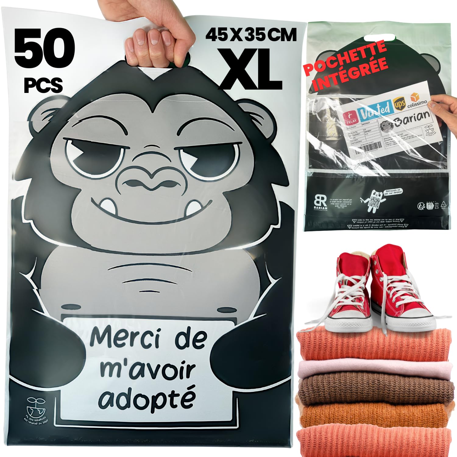 50 Emballage Colis Vinted, Enveloppes Plastiques d’expédition 45x35cm Opaque avec Poignée, Poche à Bordereaux A5, Sac Plastique Auto-Adhésif, Pochette Colis Vêtement, Chaussures, livres, Grand format