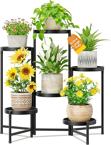 Miniatura 19 de LASZOLA Soporte grande para plantas de 5 niveles para interiores con bandeja de metal de 10 pulgadas, estante plegable de esquina para flores