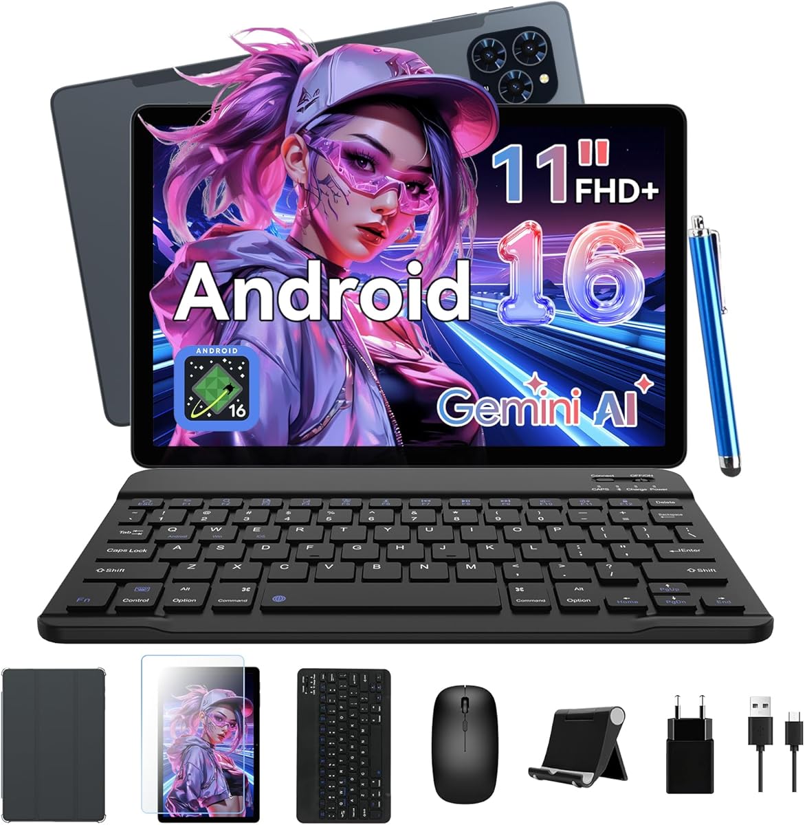 Tablette The World's Firs Android 16, tablettes 11" avec stylo et kit clavier, 24 Go de RAM + 128 Go de ROM/2 To, T7250 Octa-Core, charge rapide 8000 mAh, Widevine L1