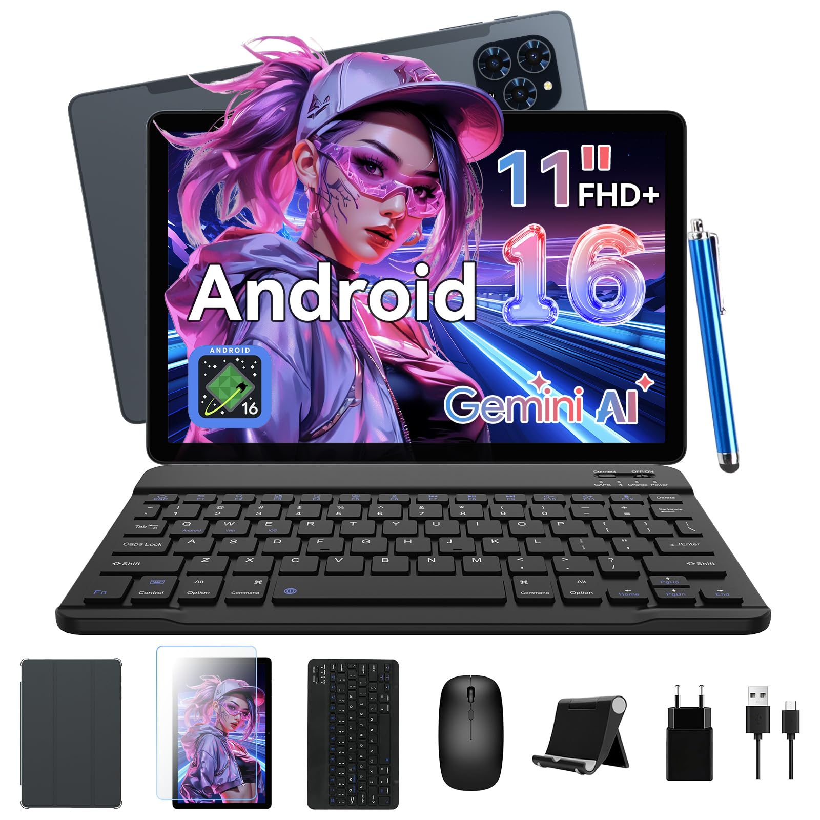 T90 Tablette Android 16, 11 Pouces Tablet avec Clavier, 24 Go RAM + 128 Go ROM, 8000 mAh, FHD+ IPS , Widevine L1 : streaming HD, Gemeni AI, Tablette Tactile 2 en 1 avec Stylo Souris, Garantie 4 Ans