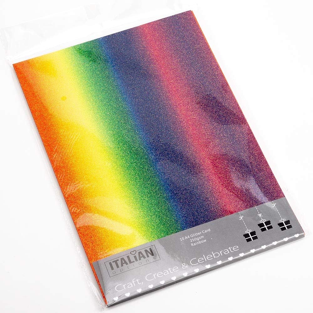 250GSM Non Shed Glitter Card Craft Paper 10 Sheets, A4 Size, Multicolour Rainbow