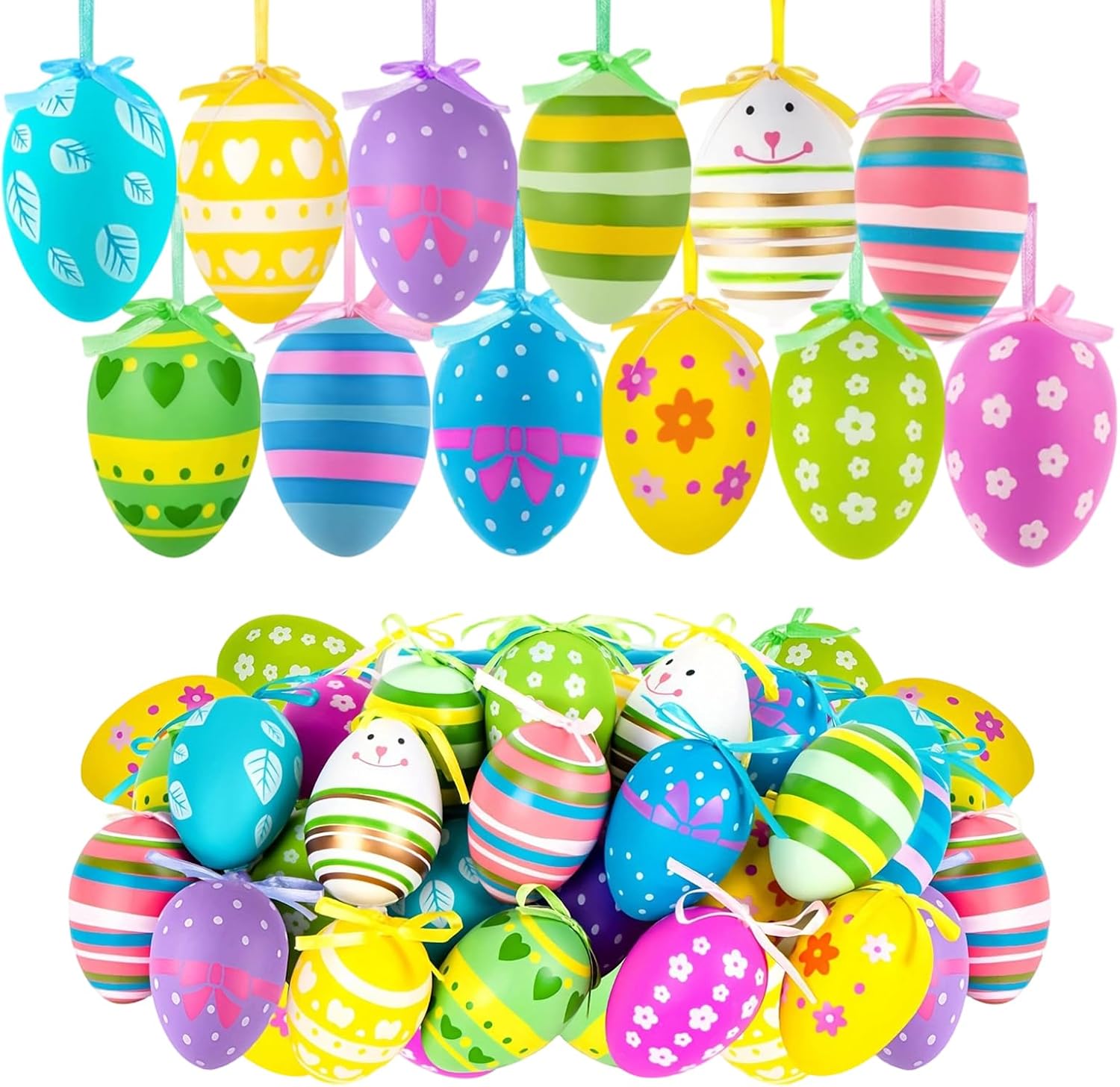 24 Pcs Easter Hanging Eggs, Multicolored Easter Egg Hanging Ornaments for Easter Tree Basket Decor Party Favors Supplies Home