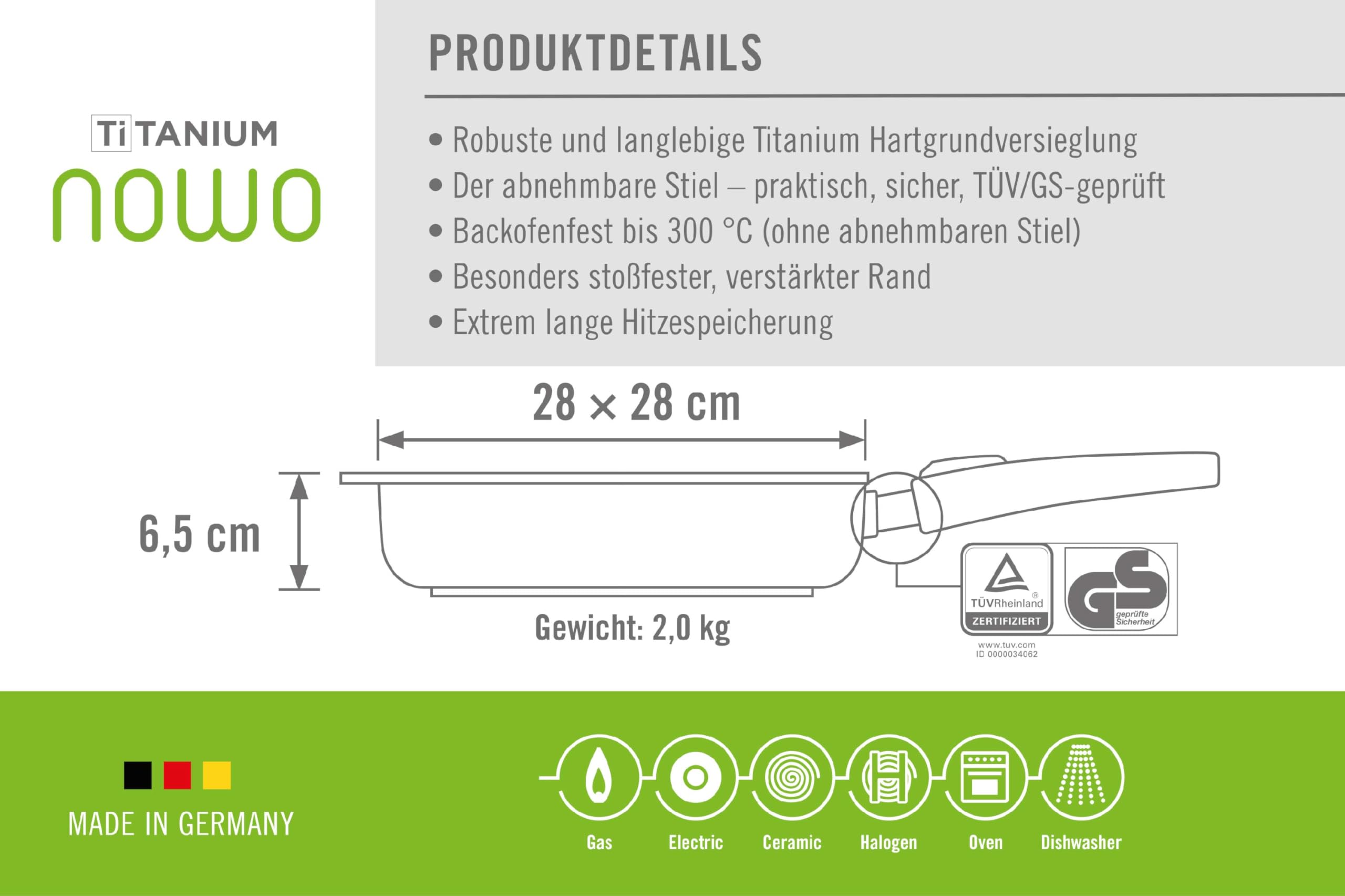 Woll Nowo Titanium Viereckpfanne, 28x28 cm, 6.5 cm hoch, mit abnehmbarem Stiel - nicht induktionsgeeignet, Antihaft-Versiegelung