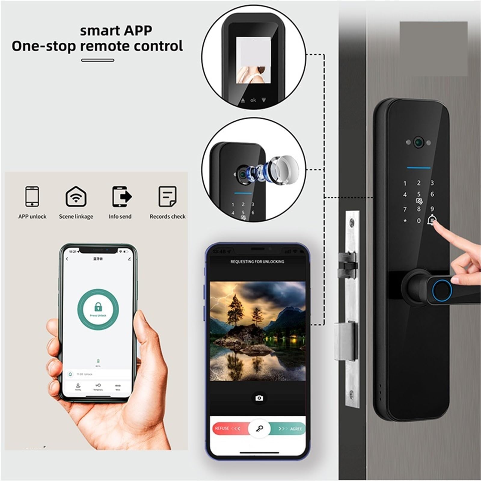 Serrure de porte intelligente électronique numérique, avec caméra biométrique, carte à empreintes digitales, mot passe, déverrouillage par clé Bureau Commercial(Single tongne-60-70)