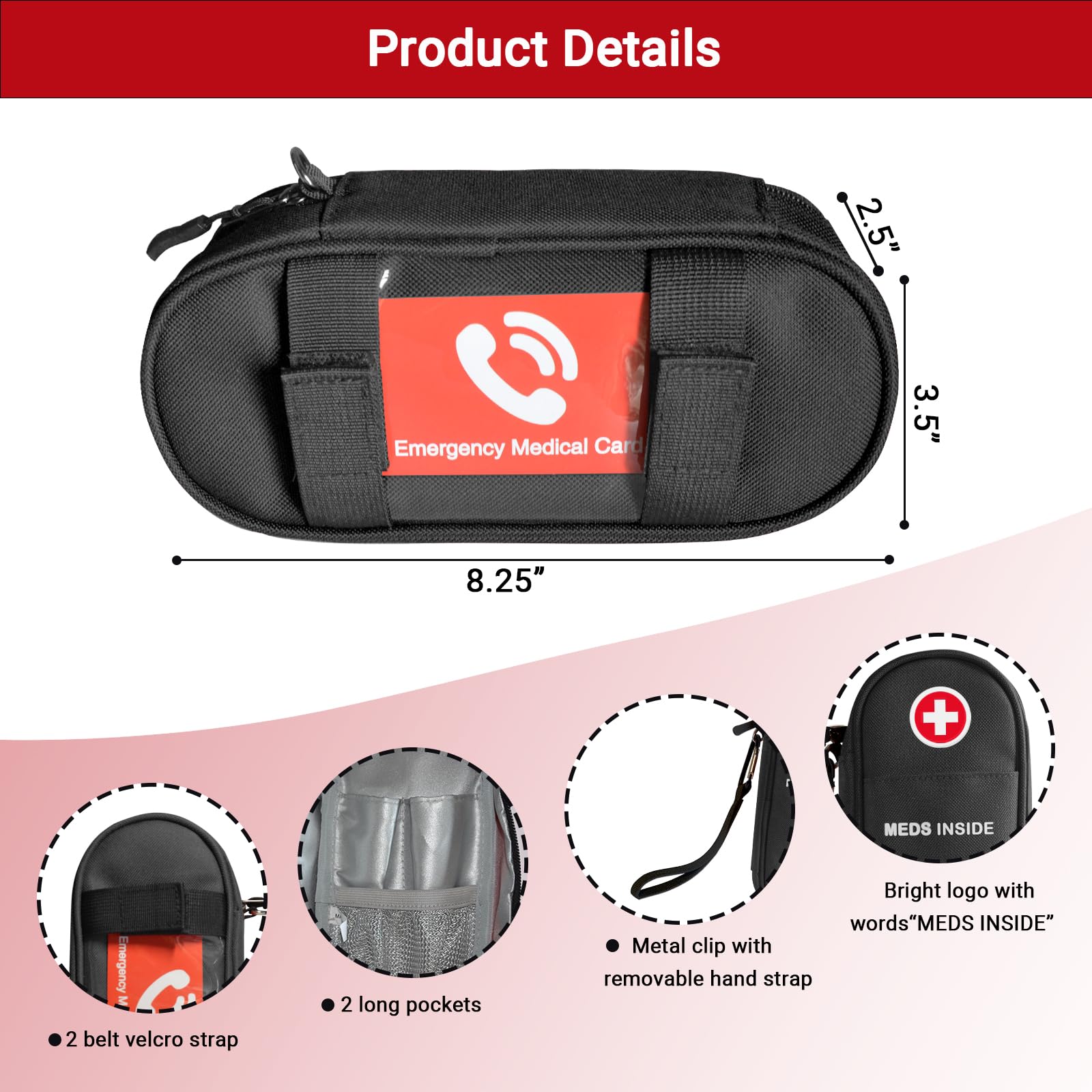 Bolsa de Transporte para EpiPen, Funda de Medicamentos Aislada con Cremallera YKK, Estuche Emergencia de Viaje, para 2 EpiPens o Auvi-Q, inhalador de asma, Medicina de Alergias, (Negro)