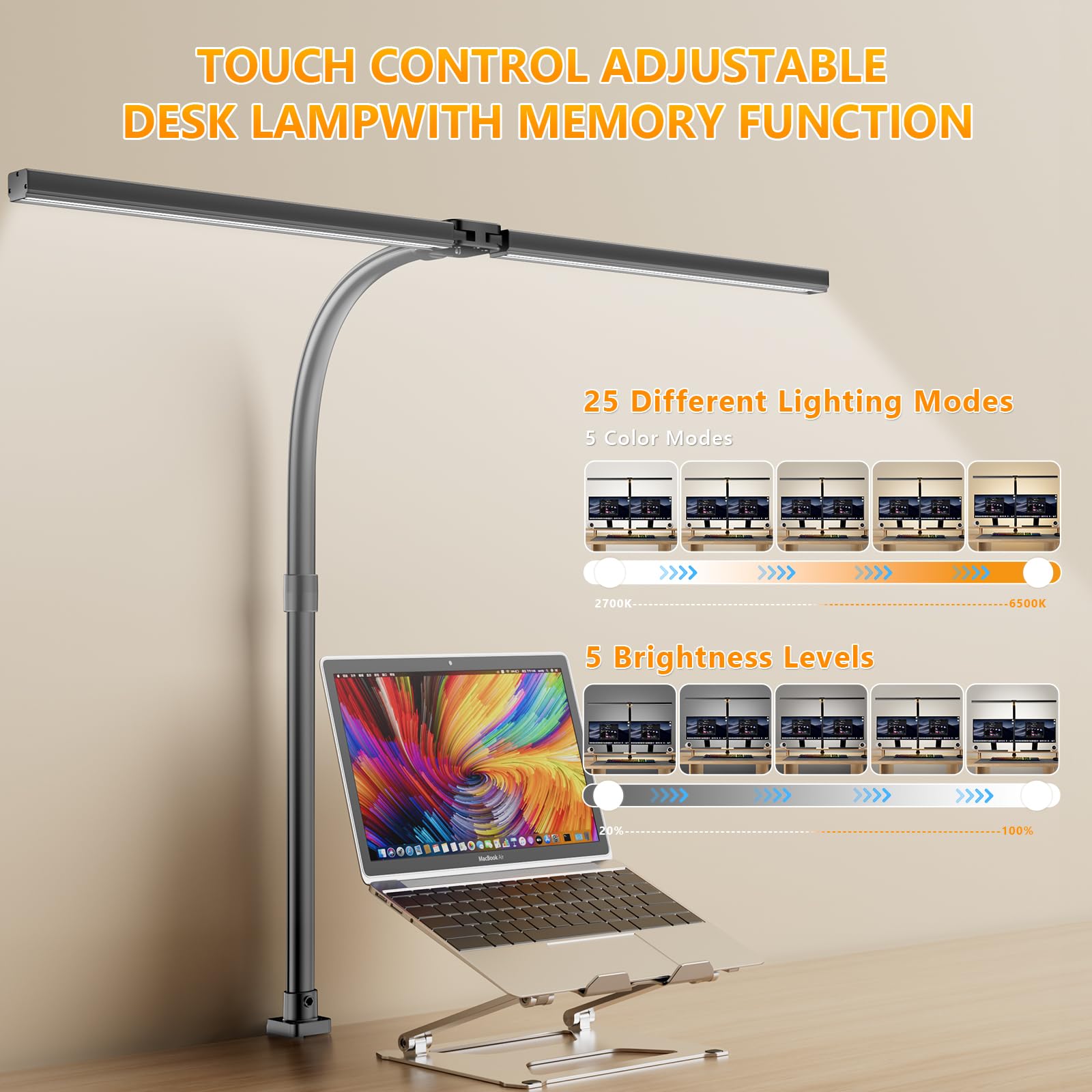 EUARY Lámpara de escritorio de 1300 lm, doble cabeza, LED, regulable, mando a distancia, 24 W, 80 cm, con abrazadera, lámpara de mesa, lámpara de luz diurna, para oficina en casa (Negro puro, Negro)
