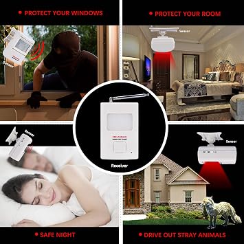 Dog Barking Alarm Motion Detector,Pir Wireless Human Body Walking Sensor Doorbell Door Security Alert System Device for Home or Office Burglar Deterrent (1Sensor + 1Receiver, White)