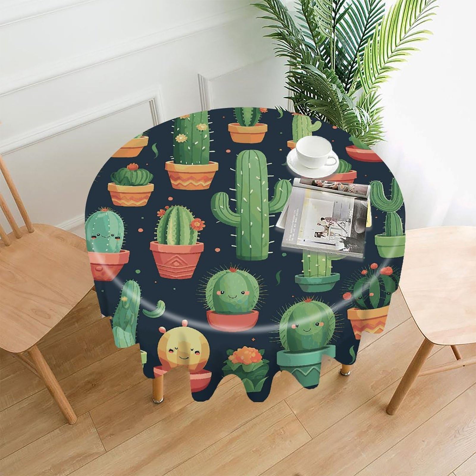 FekiLoot Round Cute Cactus Seamless Illustration Tablecloth Decorative Fabric Table Cloth Wrinkle Free Circle Dining Tablecover Washable Polyester Table Cover for Holiday Dinner Party Decor 60"