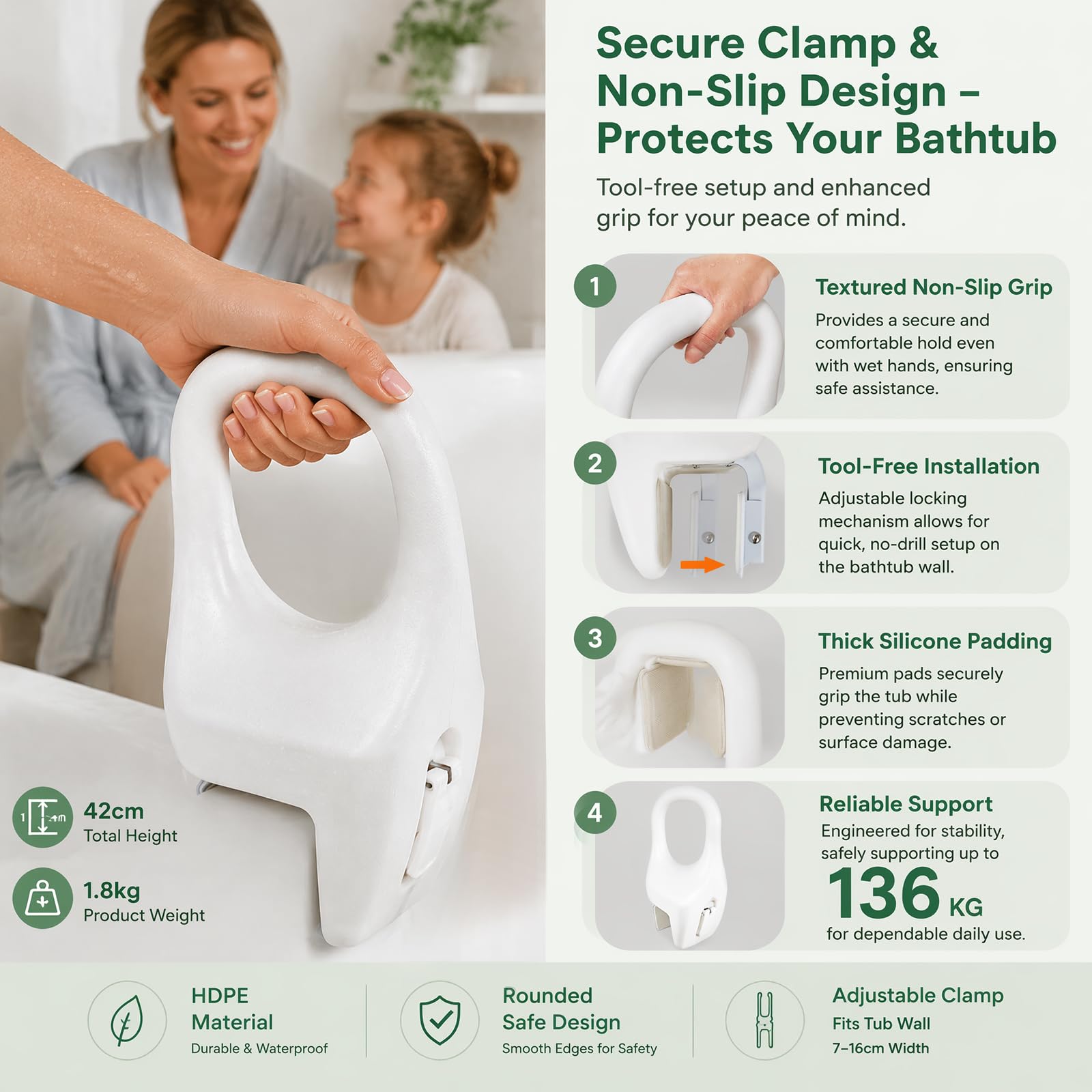 Badewanne Einstiegshilfe für Senioren, Blasformmaterial mit Befestigung ohne Bohren, Badewanneneinstiegshilfe aus PE, Griffstange für Wannen Rand mit Gummipolster für Schwangere, Kinder, Senioren